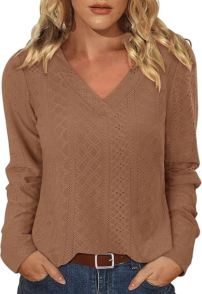 KISSMODA Long Sleeve Fall Shirts For Women V Neck Tunic Tops Embroidered Button Down Knitted Blouses 2025