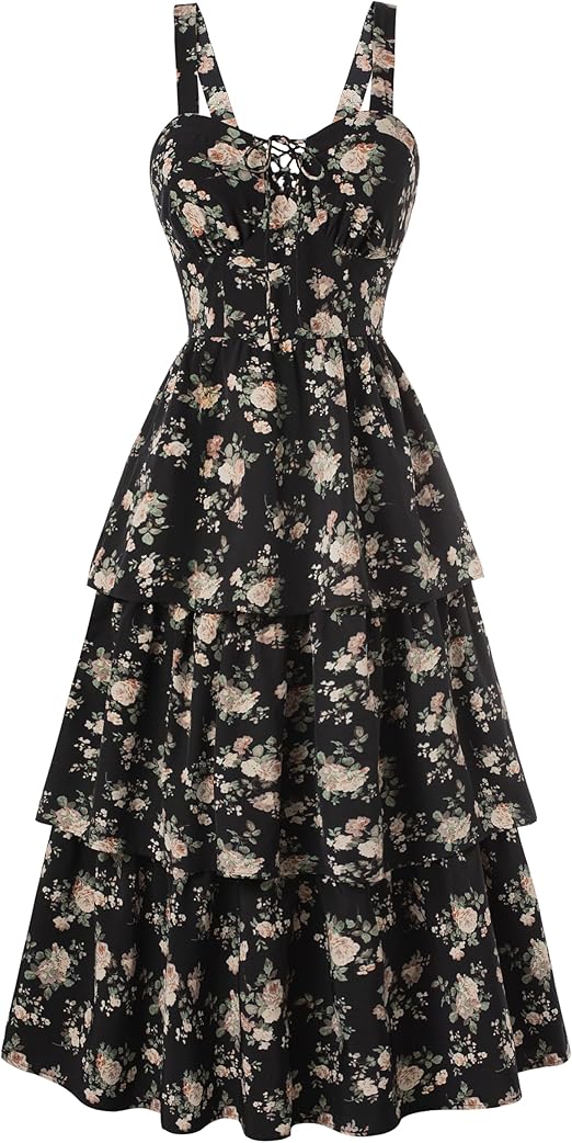 Scarlet Darkness Women's Floral Maxi Dress Summer Wedding Guest Dress Tiered Sleeveless Lace Up Corset Sundress