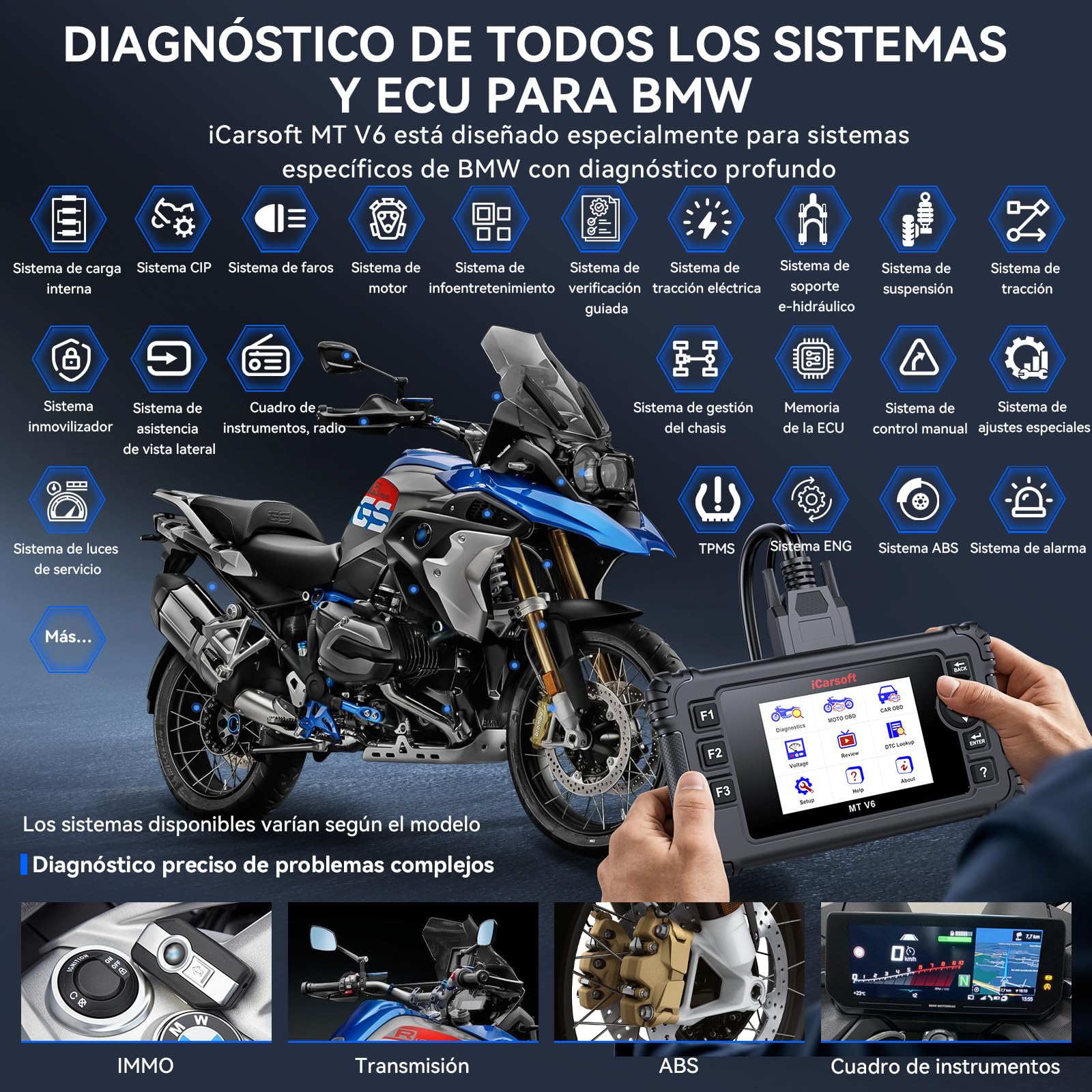 iCarsoft MT V6 para B.M.W Motocicletas, Herramienta Diagnóstico Bidireccional para B.M.W Moto, Lector de Códigos para Moto Completo de Sistemas, OBD2 Escáner con 115 Funciones de Servicio