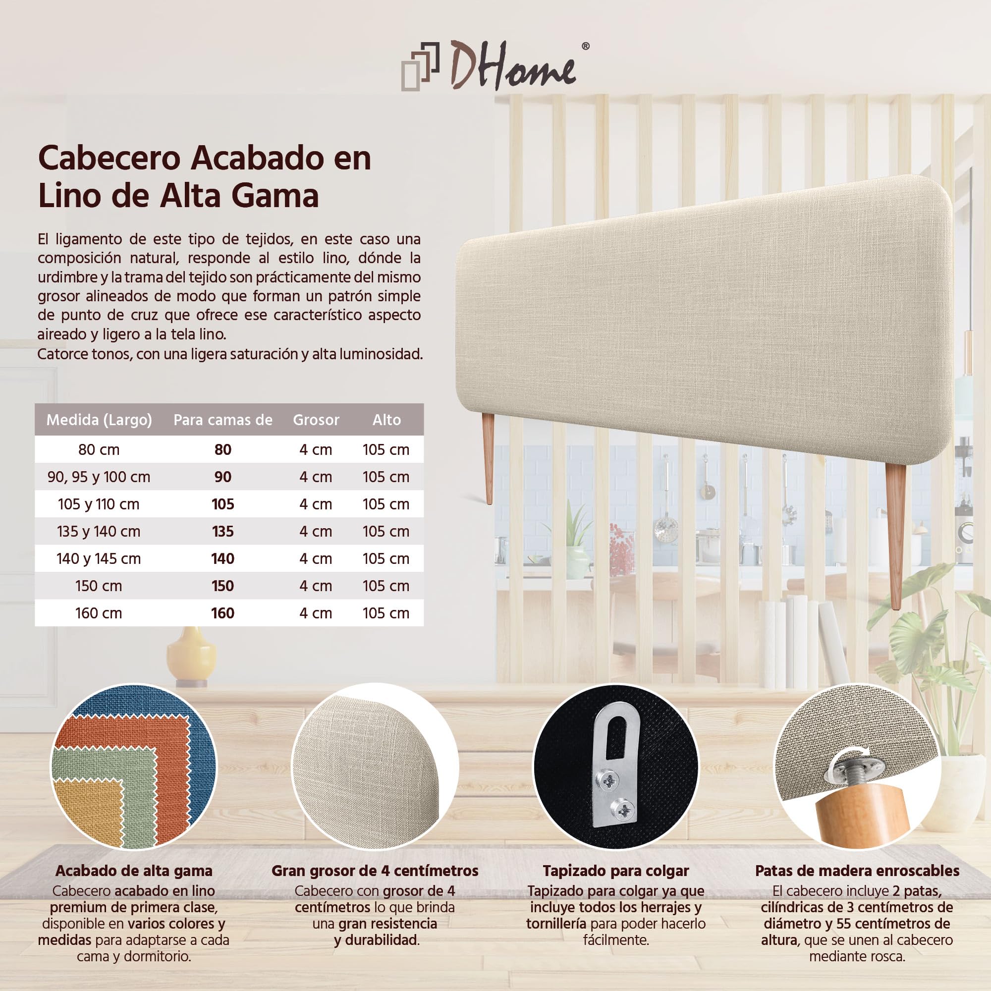 DHOME Tête de Lit Rembourrée Lisse Arrondie en Lin Naturel avec Pieds pour Mur Acoustique Têtes de Lit Absorbantes Tête de Lit Chambre à Coucher (Beige, 140cm)