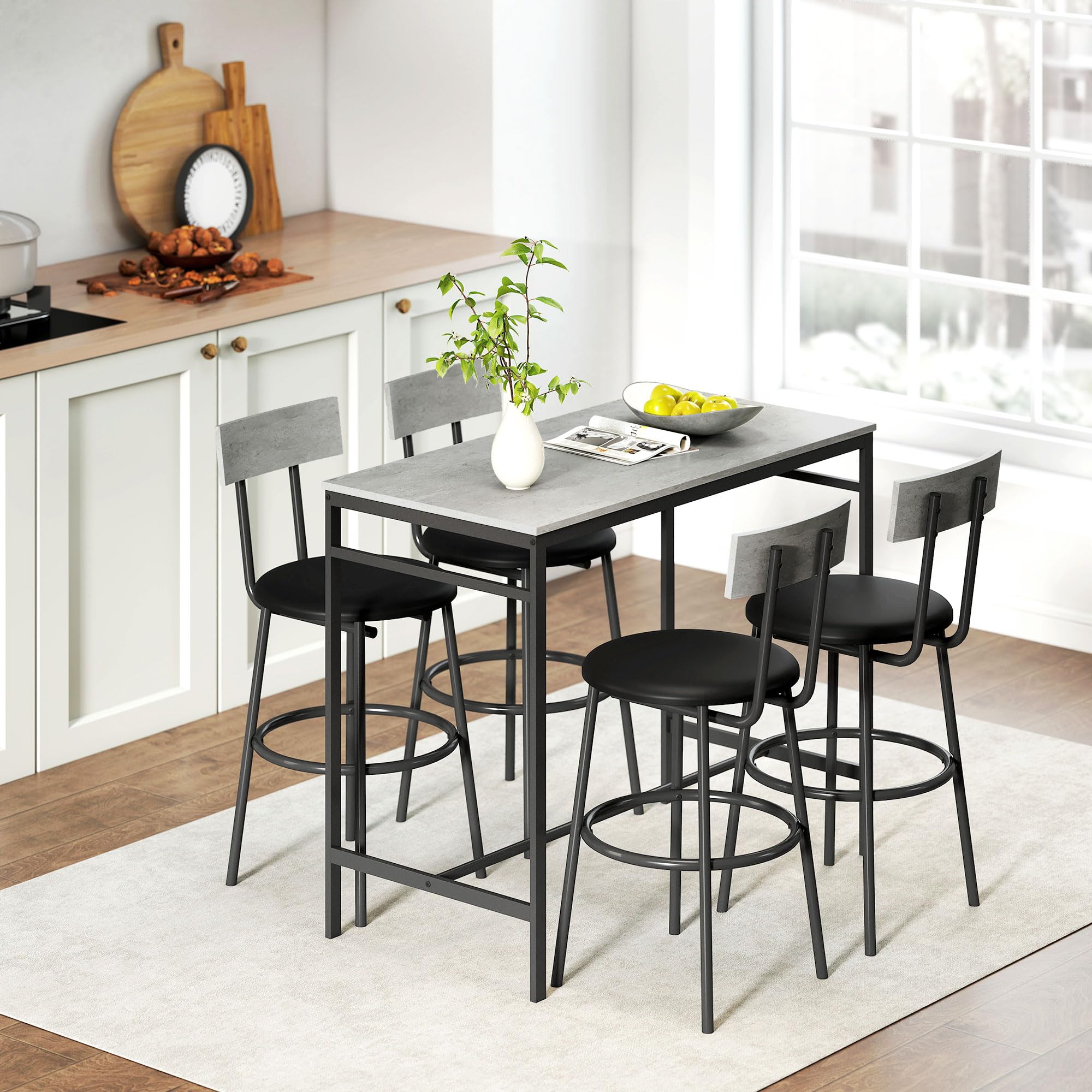 HOMCOM Juego de Mesa de Bar con 4 taburetes con tapicería de Cuero de PU, sillas de Bar y Cocina Que ahorran Espacio con Patas de Acero, Estilo Moderno, Mesa Alta con taburetes para el hogar Comedor