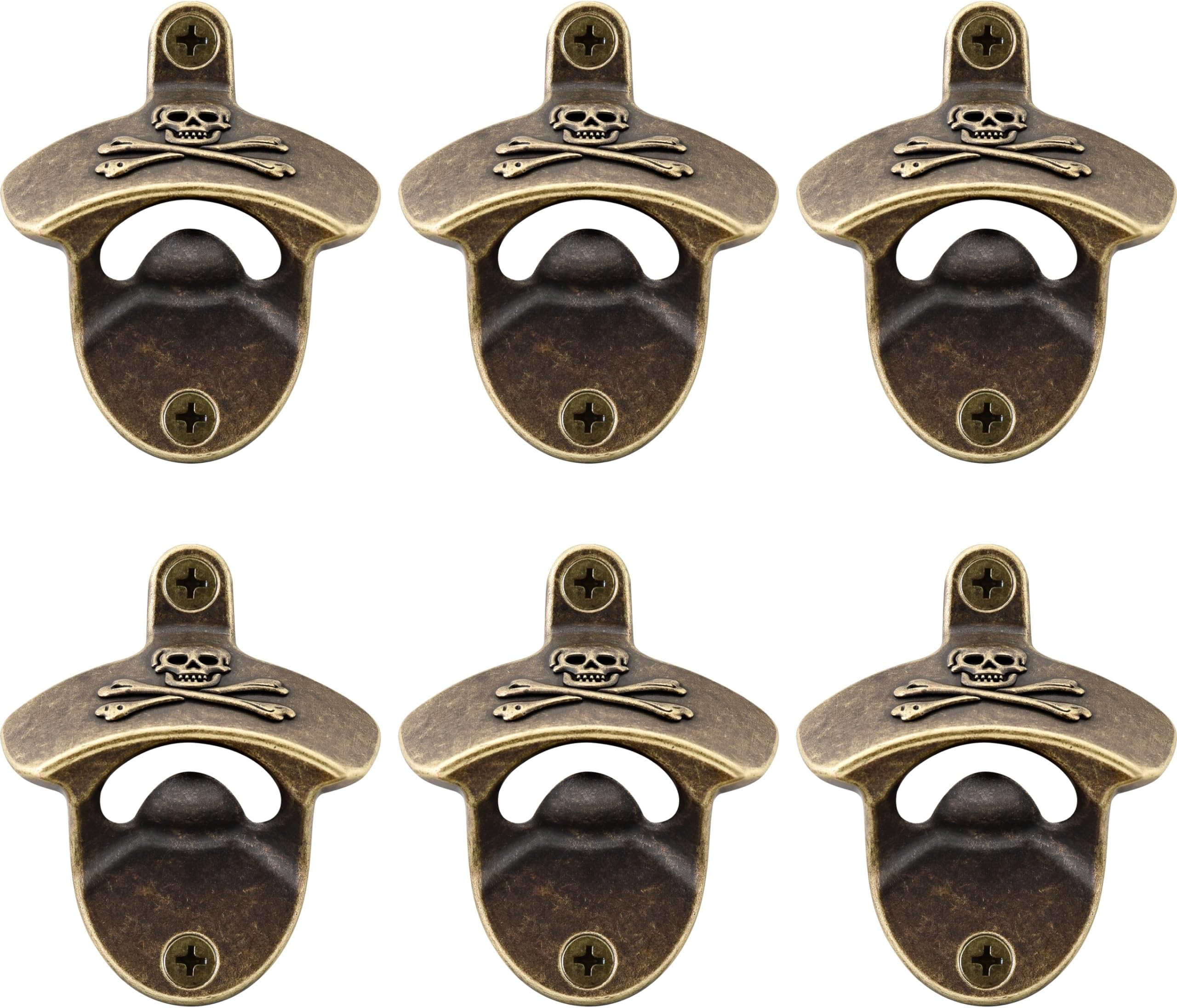 Pirate Wall Mounted Bottle Opener Rustic, Antique Brass Skull Mountable Beer Opener for Post Table (6 PCS)