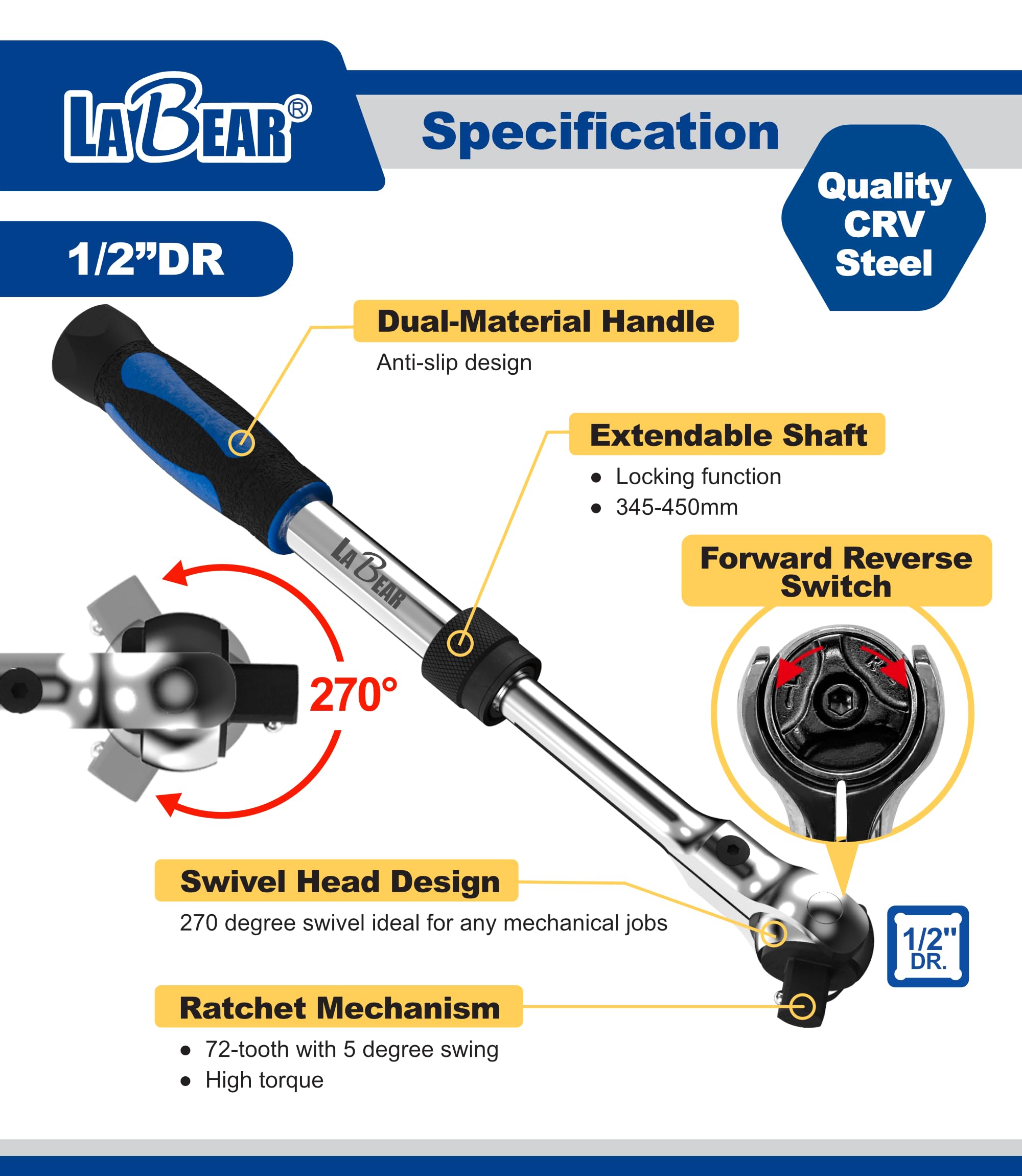 Snapklik.com : LABEAR- 1/2-Inch Drive Locking & Flexible Extendable Ratchet