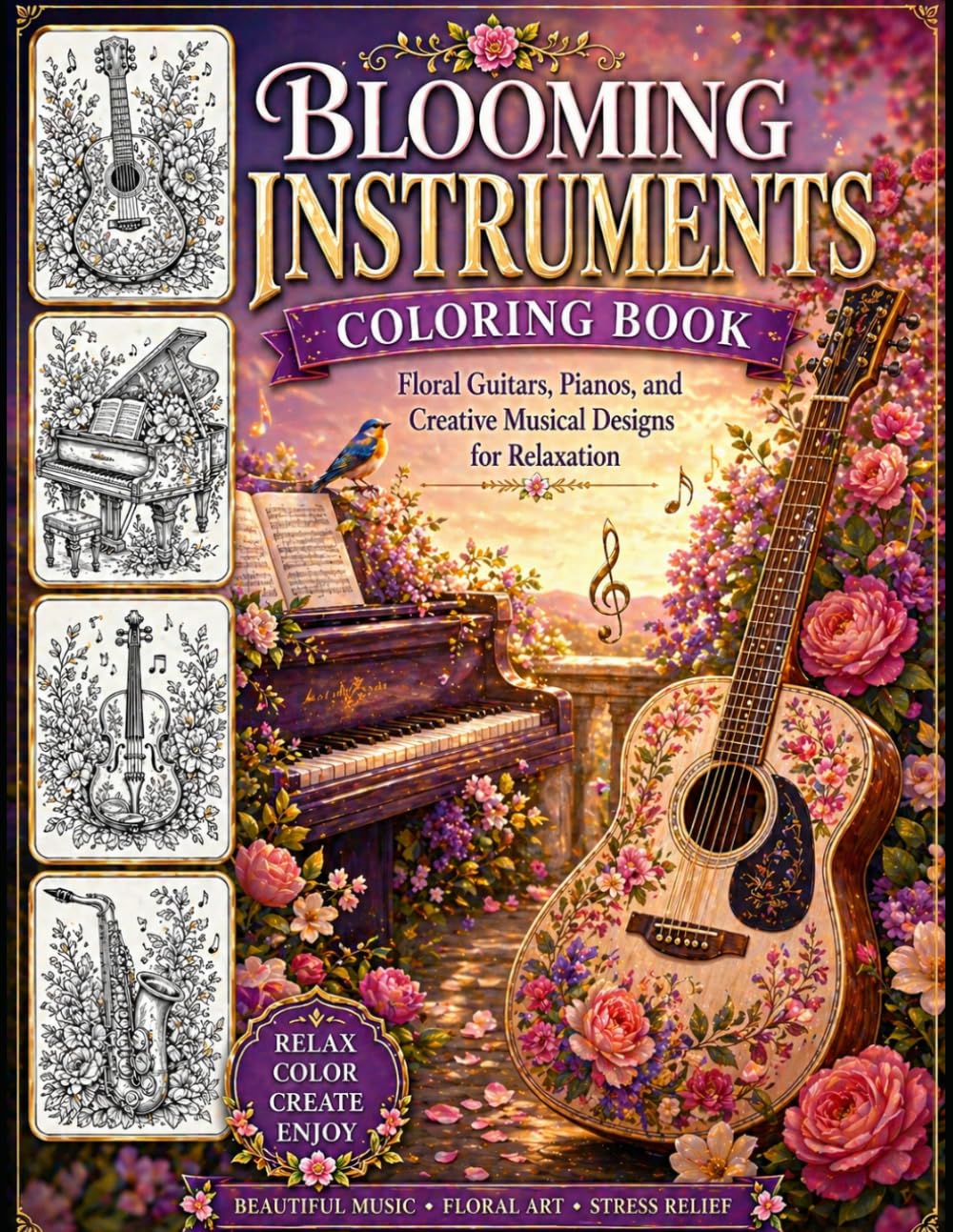 Blooming Instruments Coloring Book: Floral Guitars, Pianos, and Creative Musical Designs for Relaxation