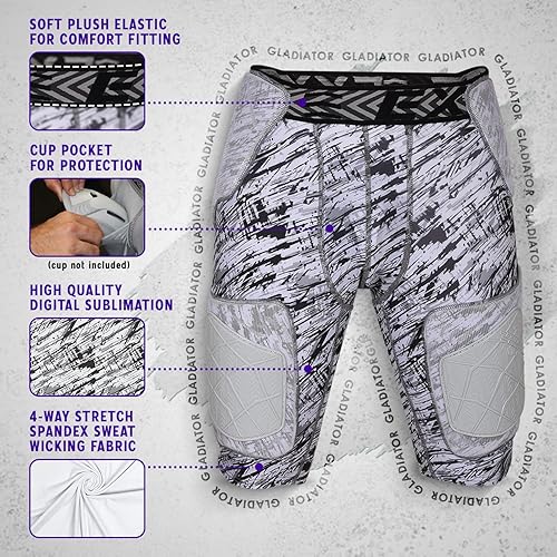 Miniatura 20 de Exxact Sports Gladiator - Faja de fútbol para adultos de 5 almohadillas para hombres con cadera, muslos, almohadillas para coxis, pantalones cortos