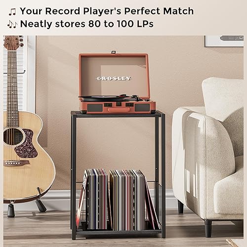 Miniatura 7 de Mesa auxiliar con soporte para revistas, soporte para tocadiscos con estante LP, mesa auxiliar para sala de estar, dormitorio o mesita de noche,