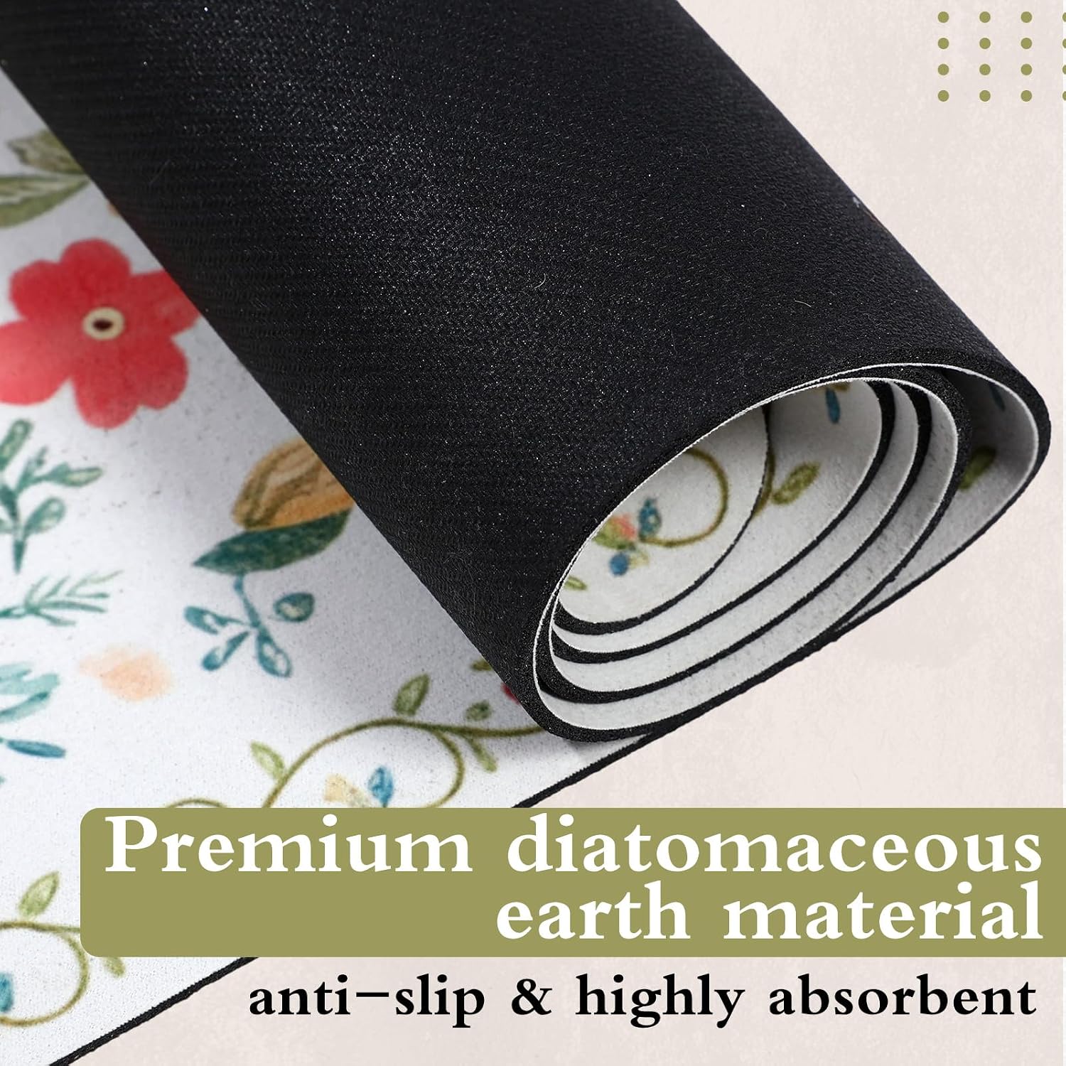 Dunzy Laundry Room Runner Rug 20"x 60" Non Slip Diatomaceous Mat with Vintage Floral Design Extra Long Waterproof Floor Mat for Laundry Room, Kitchen, Mudroom & Bathroom Decor(White)