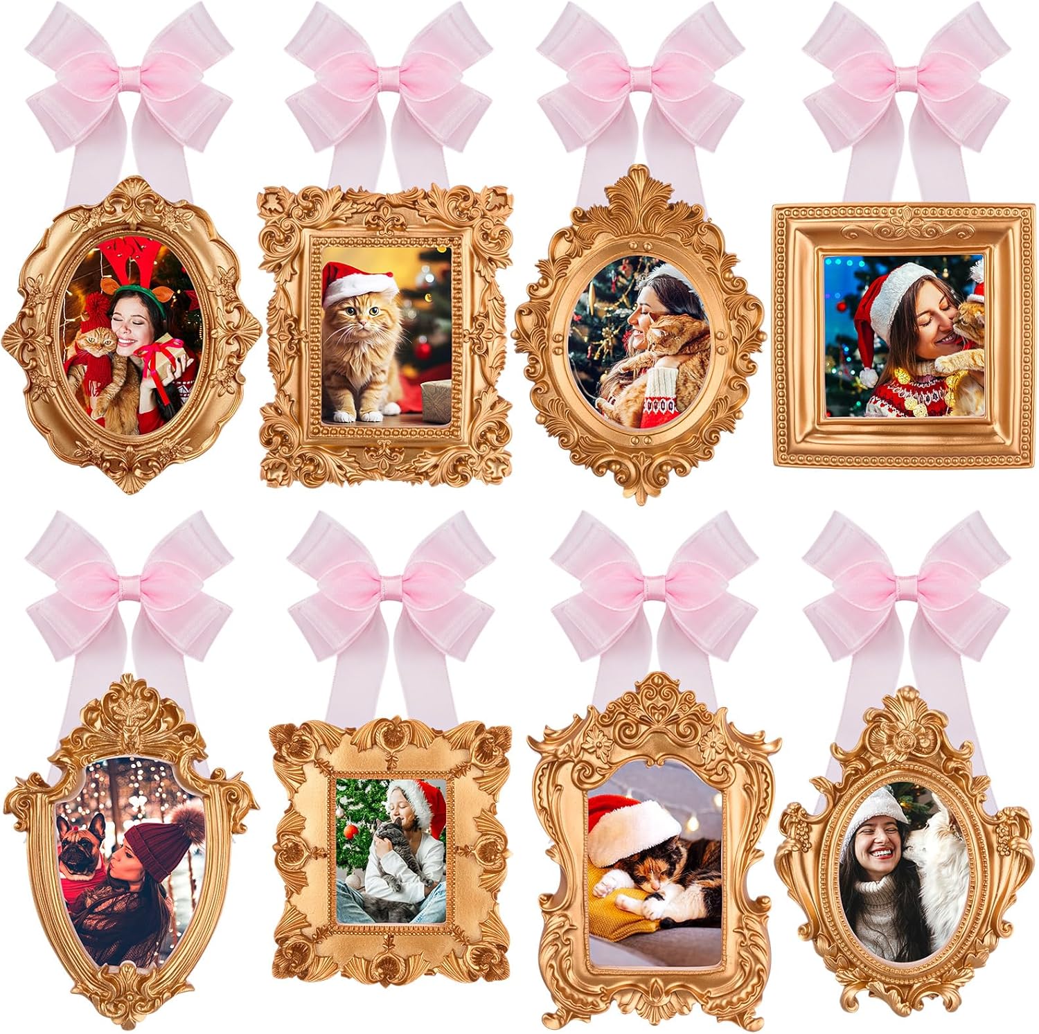 bucherry 8 pcs mini picture vintage frames with silk ribbon resin small gold vintage photo frames baroque ornaments diy wall hanging for christmas tree refrigerator holiday decoration