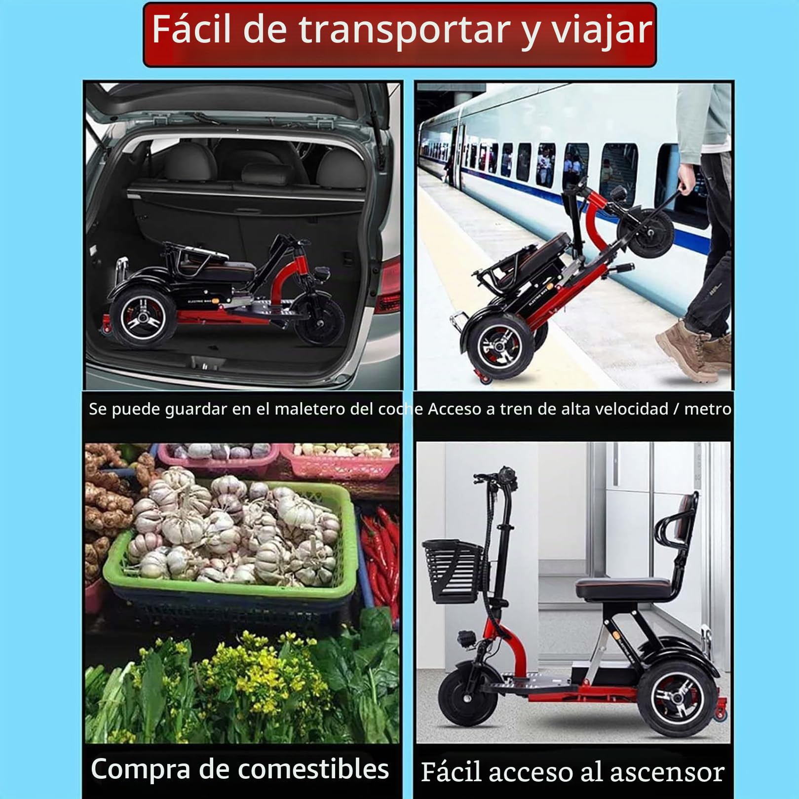 Scooter de movilidad plegable,Scooter electrico discapacitados Es muy adecuado para personas discapacitadas y personas mayores,Equipado con batería de 20 Ah Mayores Fácil de operar(Rojo)