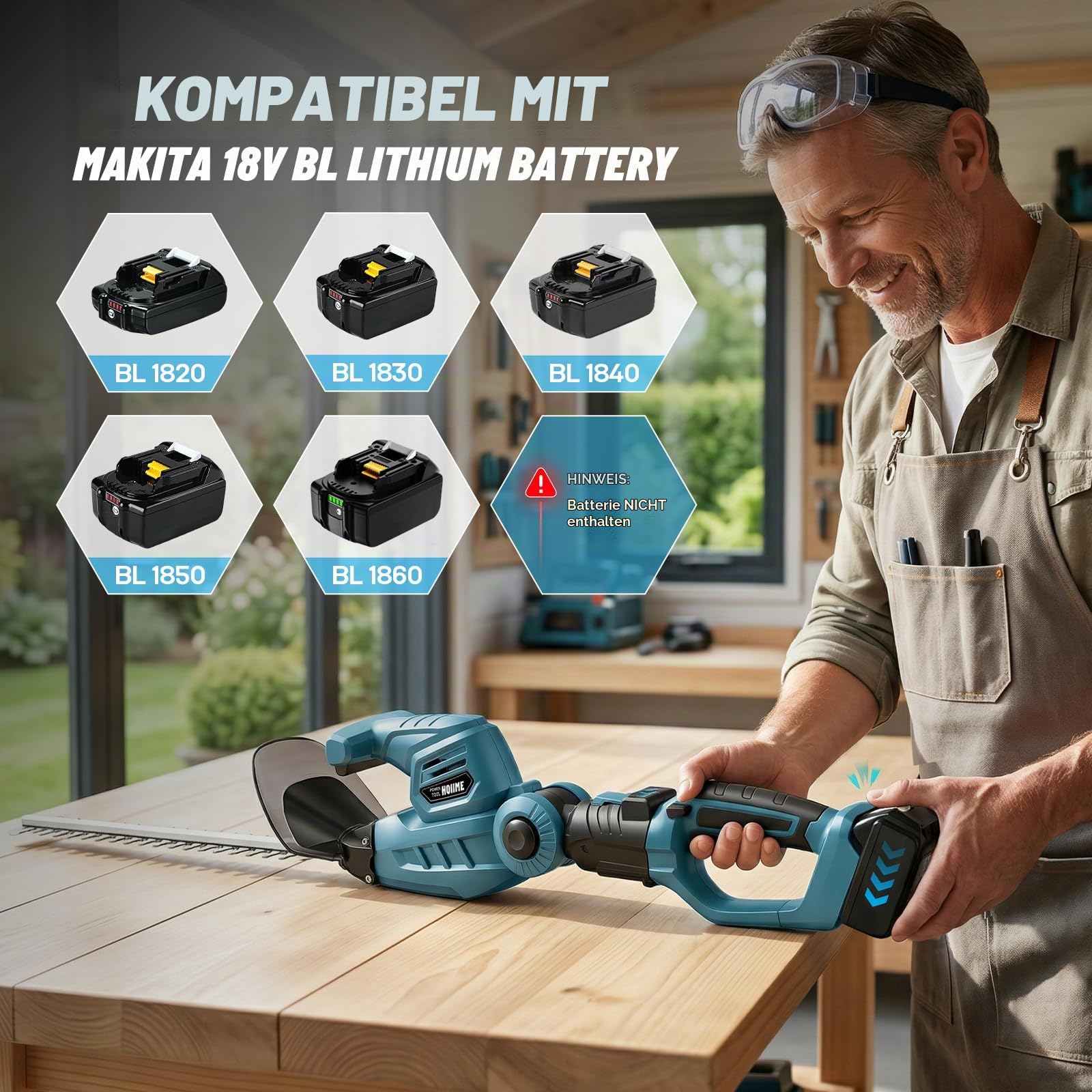 Akku Teleskop Heckenschere 2-in-1 mit Stangenantrieb, kompatibel mit Maki-TA 18V Akkus, 50 cm Doppelklingenmesser, Teleskopstange, Elektrische Buschschere, Für Bäume und Sträucher, Ohne Akku