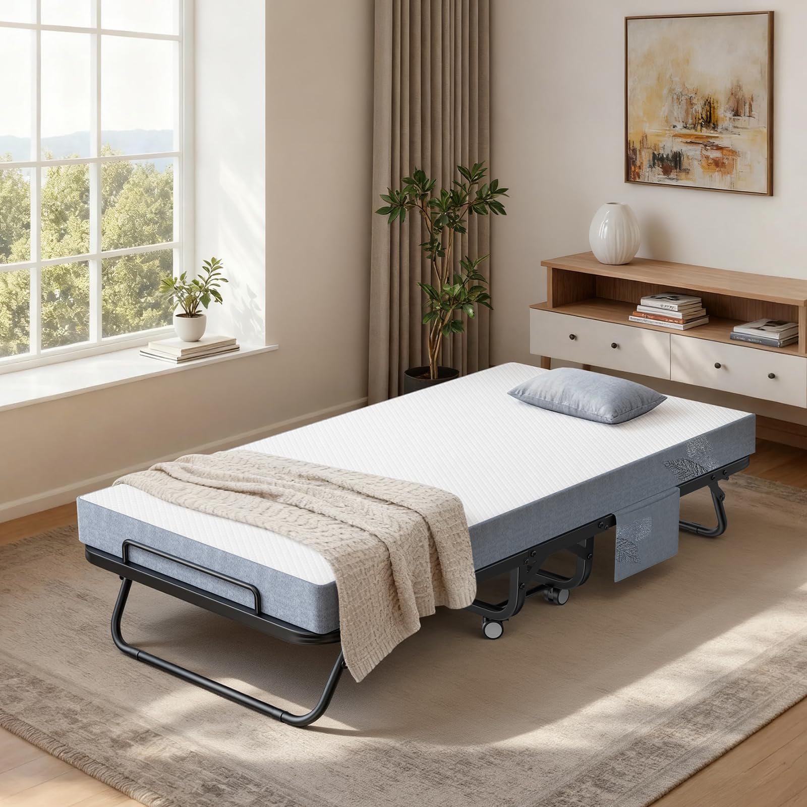 Frost IX Klappbett 97x190cm Gästebett mit 12cm Matratze, Faltbares Bett mit Rollen, Belastbar bis 205kg, Inkl. Staubschutzbeutel, Platzsparendes Gästebett für Zuhause & Camping