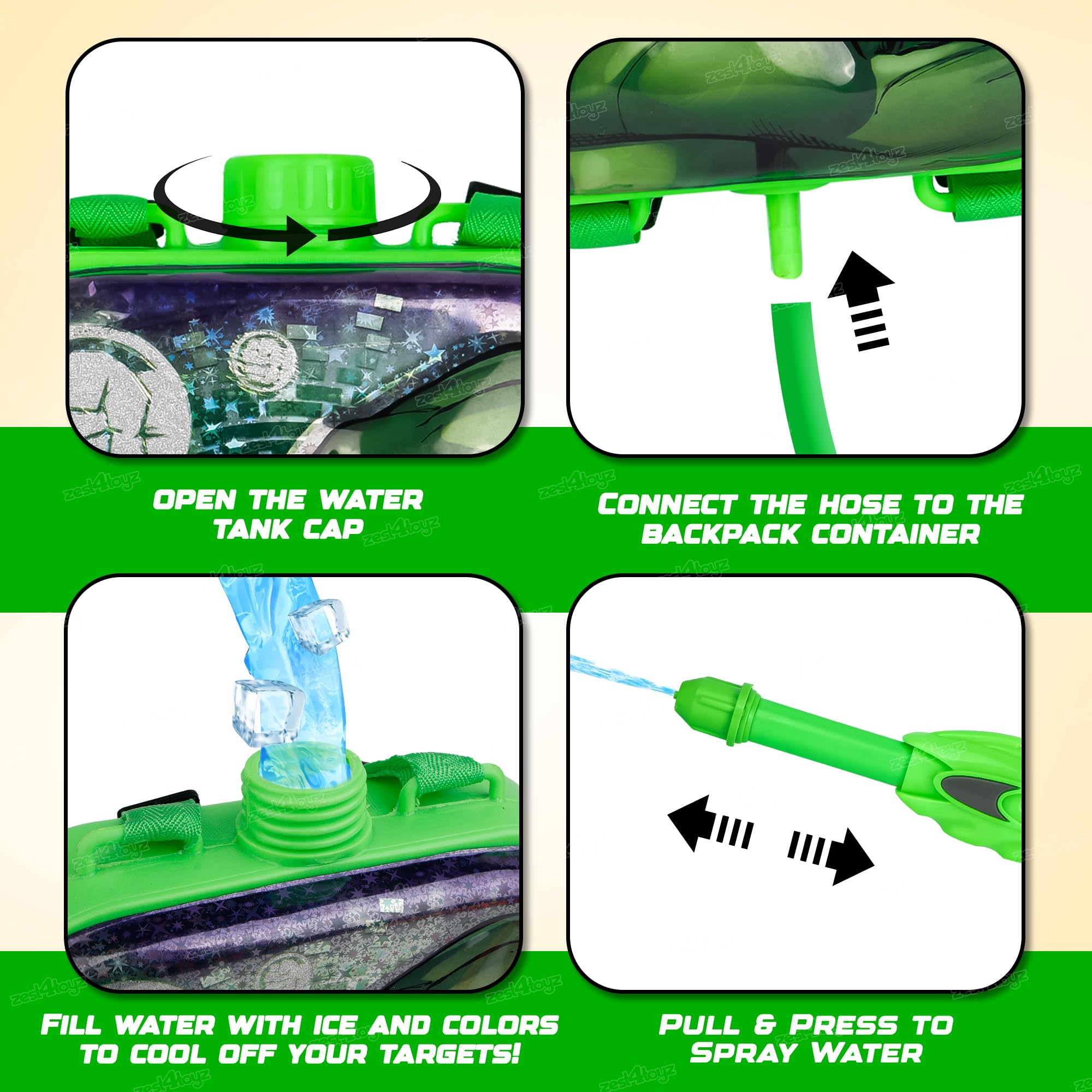Zest 4 Toyz Holi Pichkari Water Gun for Kids Powerful High Pressure Water Tank with 1 Pkt Herbal Gulal & 100 Balloon - Hulk (Super Tank)- Boys and Girls 2