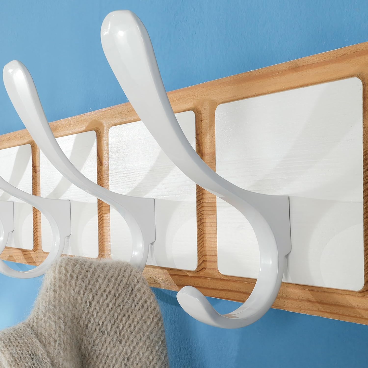 SKOLOO Scandi-Style Wooden Carved-Block Coat Hook & Hanger - Wall Mount with 6 Hooks for Clothing & Accessories, Natural & White image 5