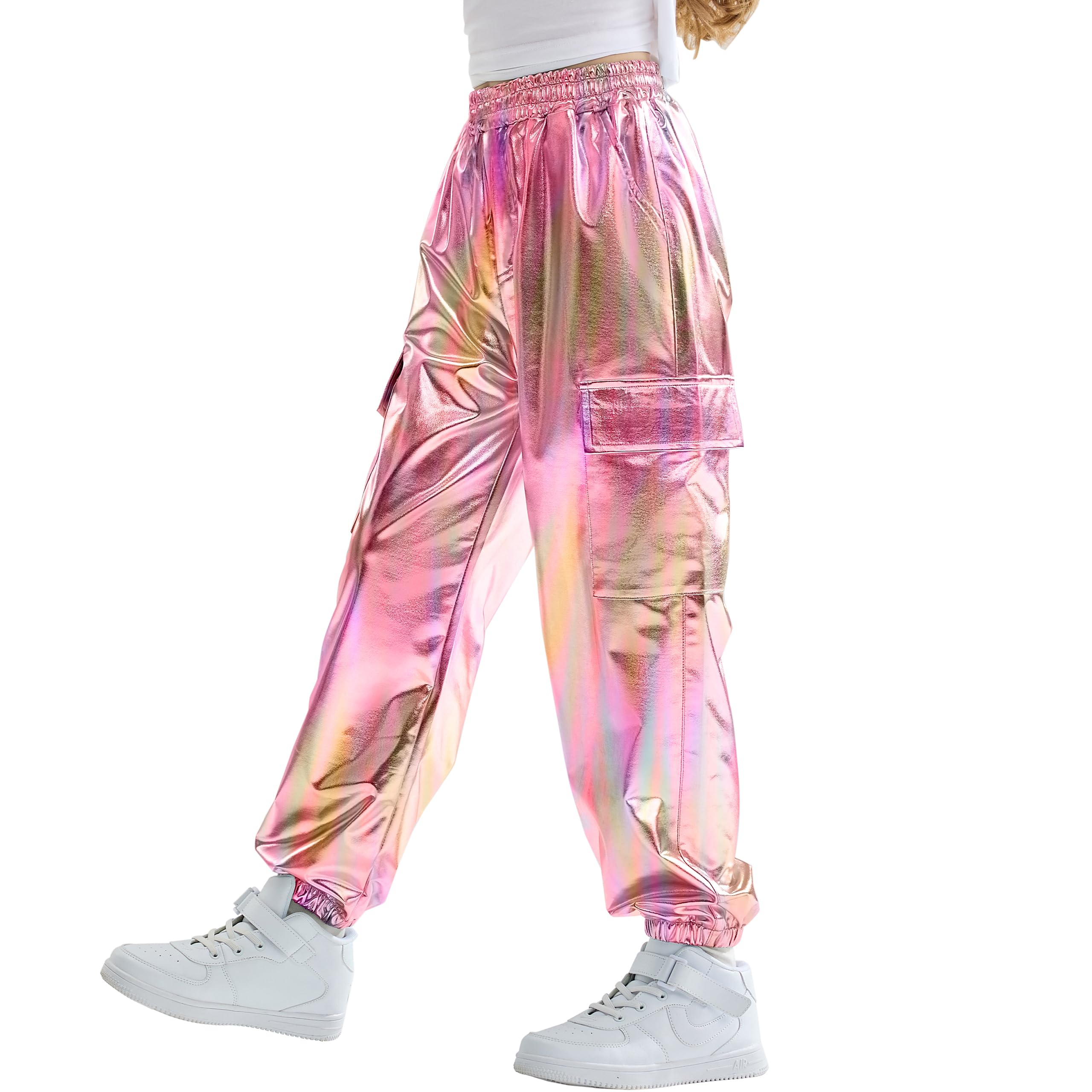 Rolanko Girls Metallic Cargo Pants, Shiny Jogger Pant for Dance 6-15 Years