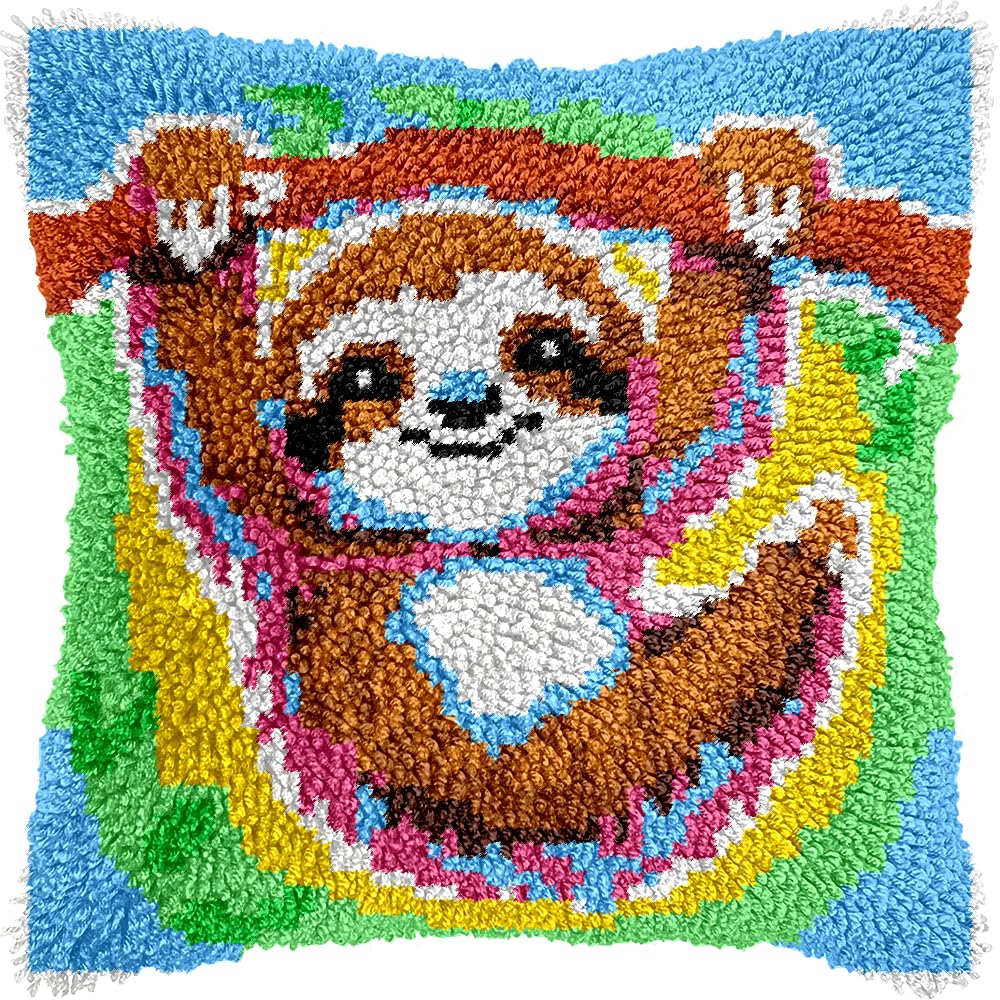 veirousa Cute Sloth Latch Hook Kits for Adults Kids Beginners Animals Flowers Latch Hook Pillow Kit Pre-Printed Latch Hook Rug Kits Cross-Stitch Embroidery Cushion for Home Sofa Decoration 17x17 in.