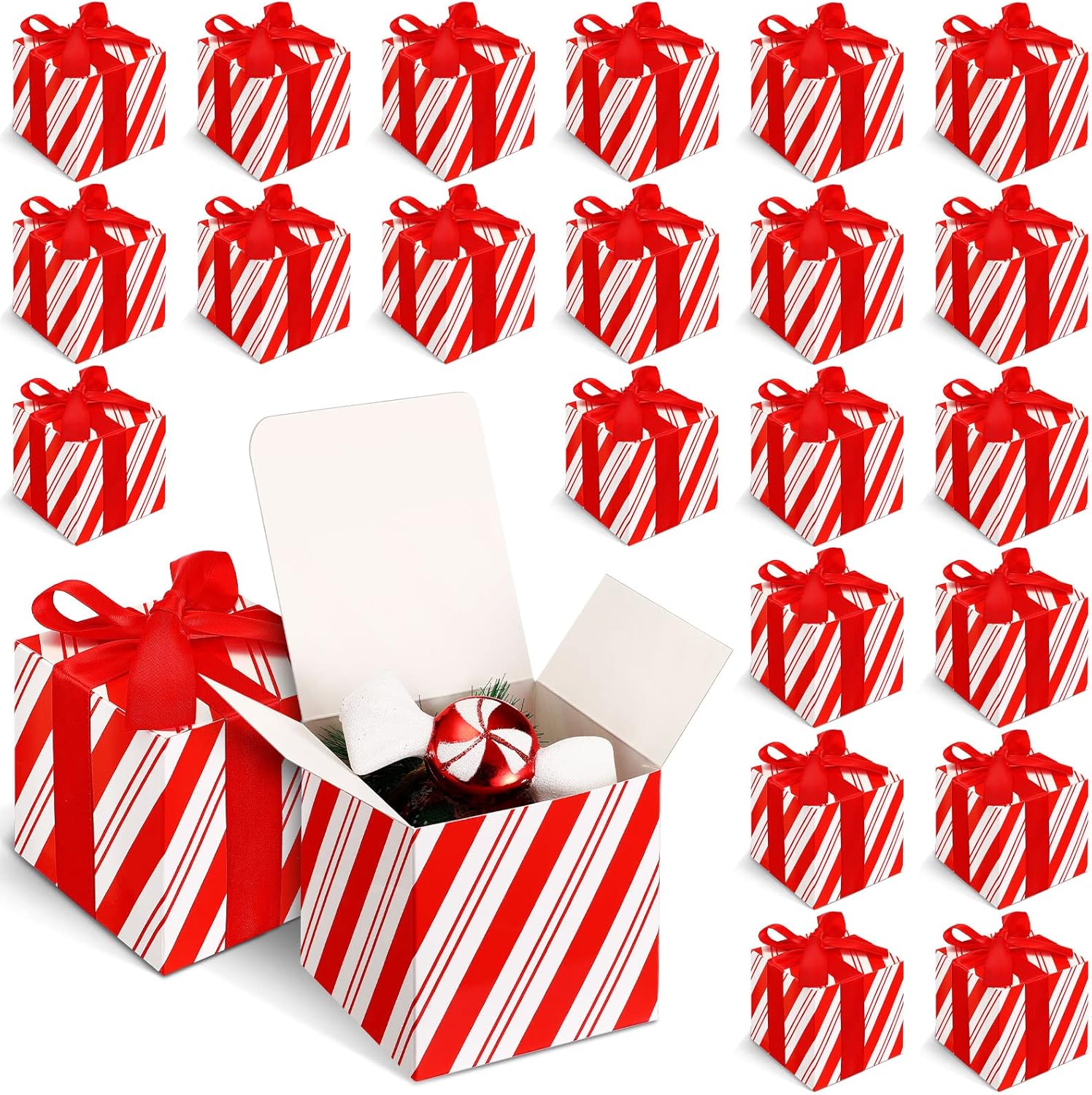 Sabary 25 Pcs Christmas Red Gift Boxes with Lids 4 x 4 x 4 Inches Candy Design Christmas Kraft Gift Boxes with Red Ribbons Small Present Box for Wedding Party Favor Birthday