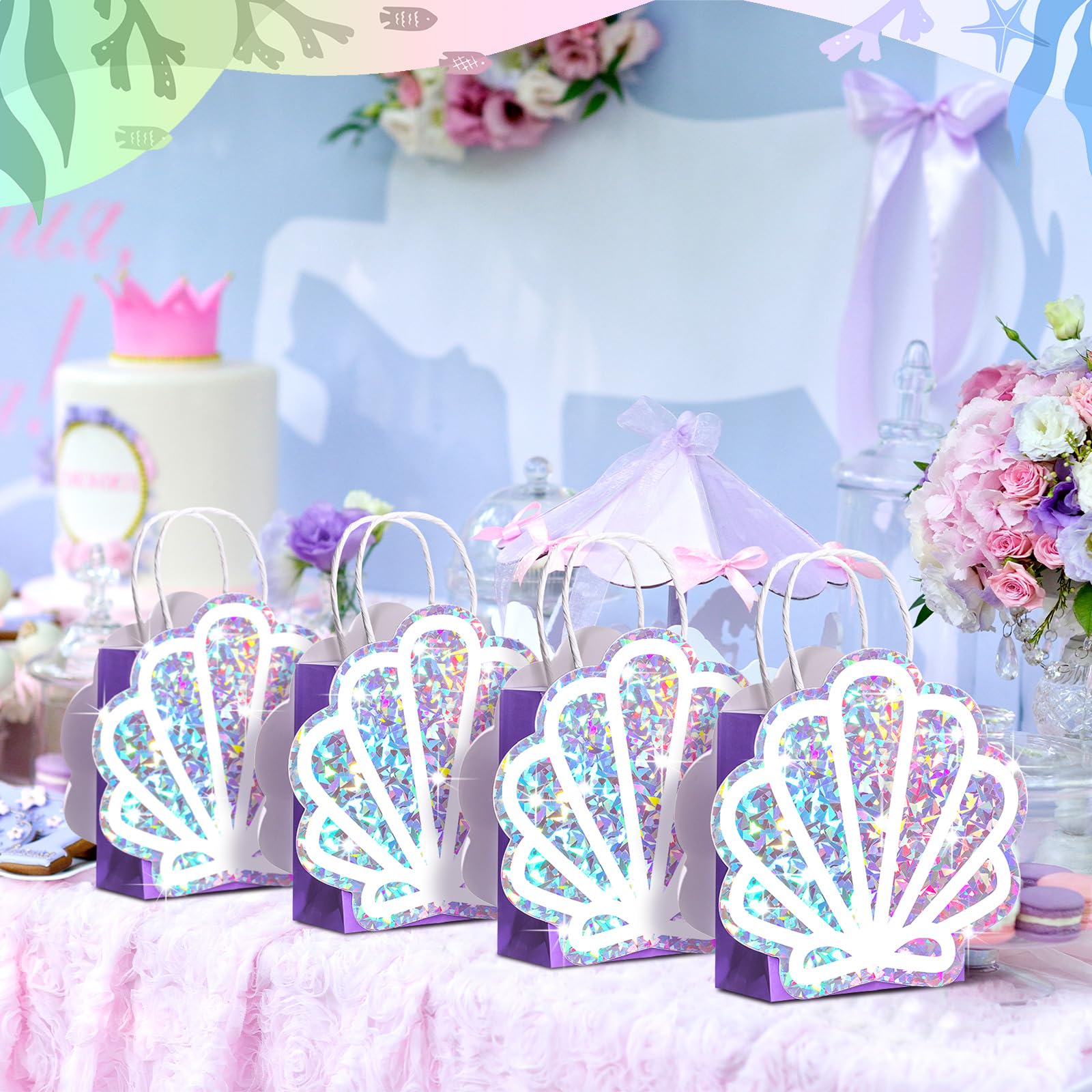 Locmeo 12 Pack Sea Shell Gift Bags Mermaid Goodie Bags Party Favor Iridescent with Handle for Under The Sea Party Summer Ocean Beach Birthday Wedding Shower Celebration Supply Decoration (Holographic)