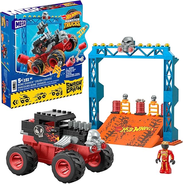Mega Hot Wheels, Monster Trucks, Building Toy, Smash & Crash Bone Shaker Crush Crush z 151 sztuk, 1 figurą i 1 rampą, czerwoną, dzieci w wieku 5 lat, HKF87