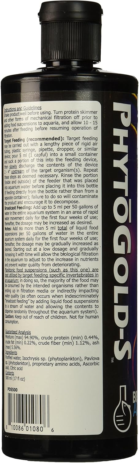 Brightwell Aquatics PhytoGold-S, 4-10 Micron phytoplankton Suspension for Soft Corals, Clams, sponges, and Other Filter-feeders, 500ml