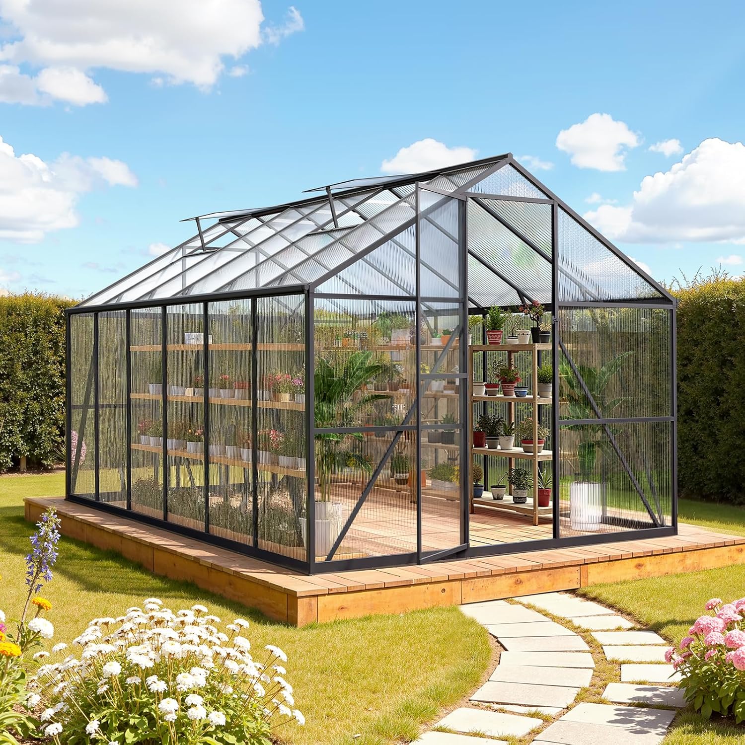 VEVOR 8 x 12 FT Polycarbonate Greenhouse, Heavy Duty Outdoor Green House with Adjustable Vent & Push-Pull Lockable Door, Quick Setup, Aluminum Frame Walk-in Greenhouse Sunroom for Outside Garden Lawn