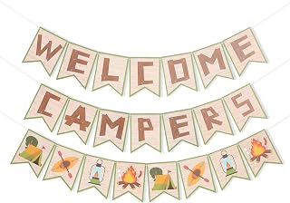 Welcome Campers Banner - Rustic Camping Birthday Party Decorations, Camping Theme Bachelorette Party Decor, Family Camp Day Party Supplies, Forest Adventure Baby Shower Cake Smash Photo Props