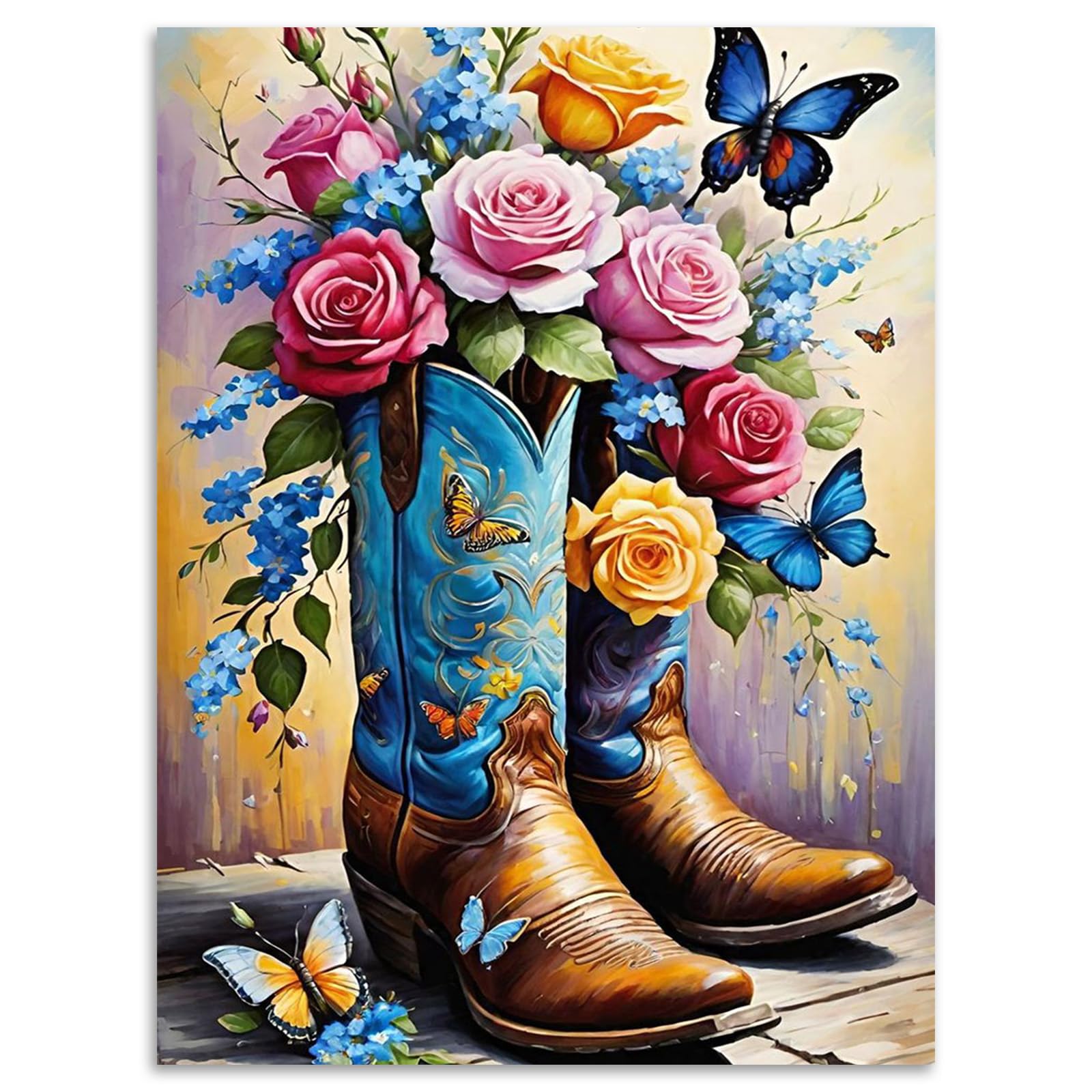 Kalonyth Dp-Uk10 Cowboy Boots Diamond Art Kits Adults, 5D Diy Full Round Gem Art Painting For Stress Relief Craft Home Wall Decor Gift, Flowers Diamond Painting Kits For Adults 12X16 Inch