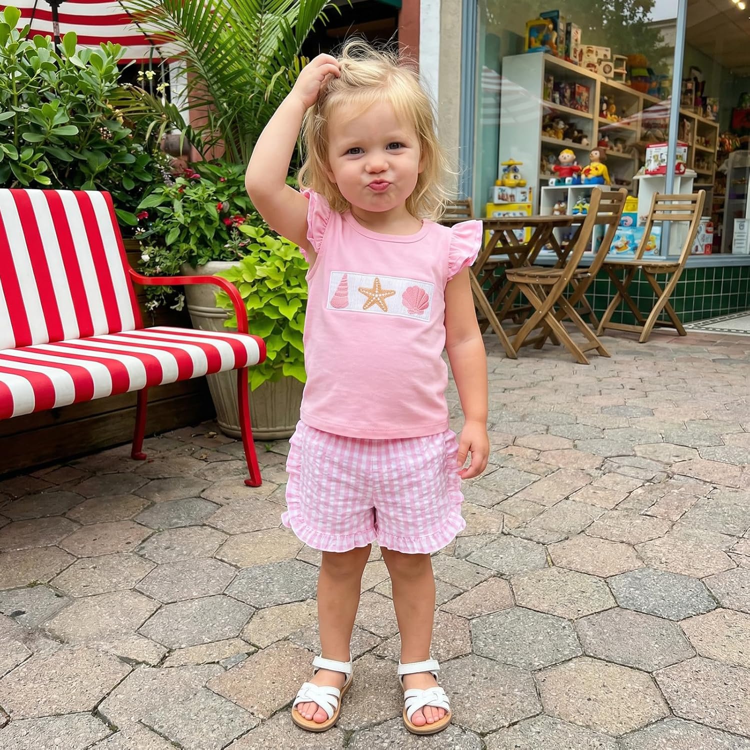 Muasaaluxi Toddler Baby Girl Clothes Summer Short Sleeve Starfish Conch Seashell T-shirt Ruffle Plaid Shorts Outfits 6M-4T - Image 2