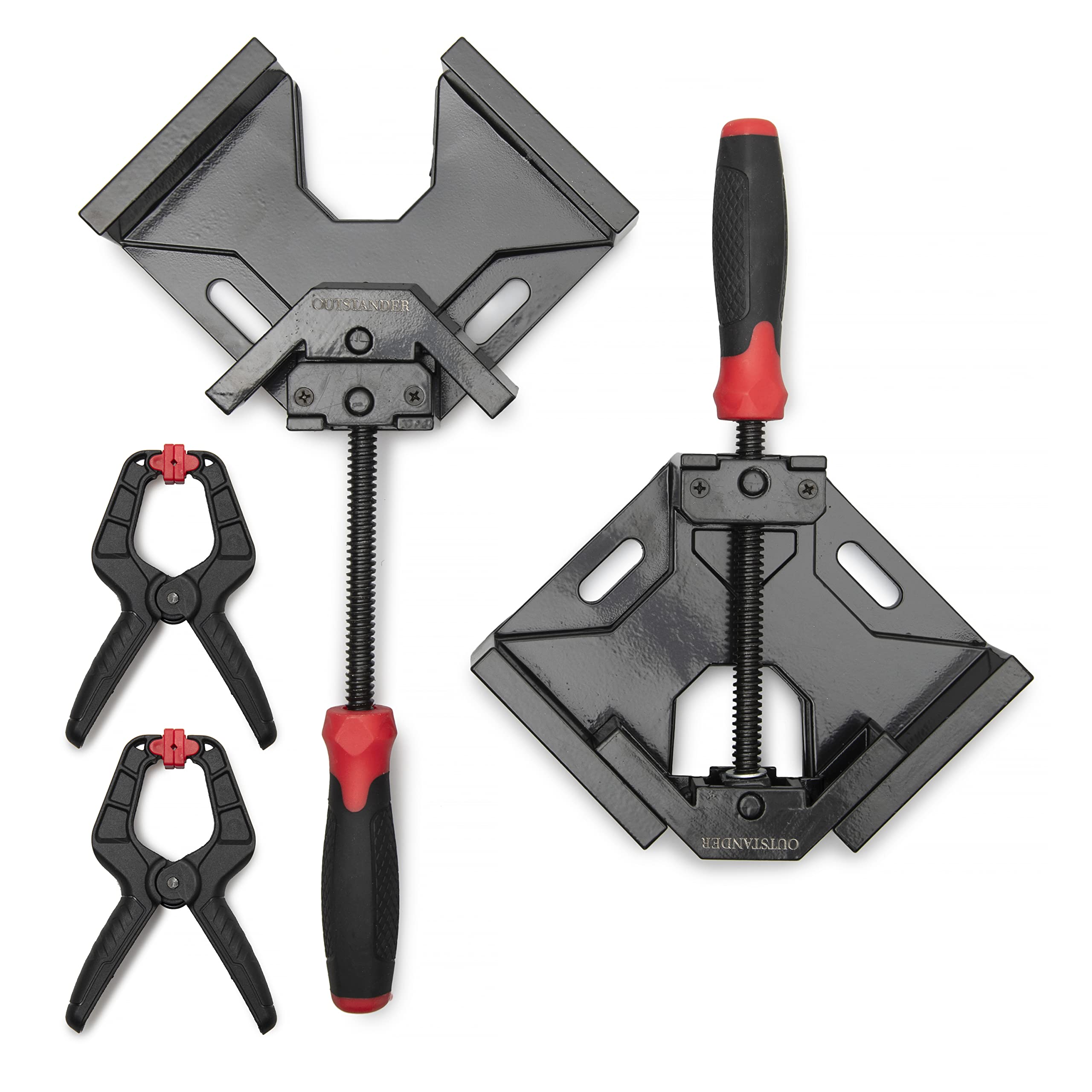 OUTSTANDER Corner Clamps, 2PCS Single Handle 90 Degree Right Angle Clamp with 2PCS Spring Clamps, Aluminum Alloy Body, Swing Jaw, Vise Bench Tool, Ideal Equipment for Carpenter Woodworking Welding DIY