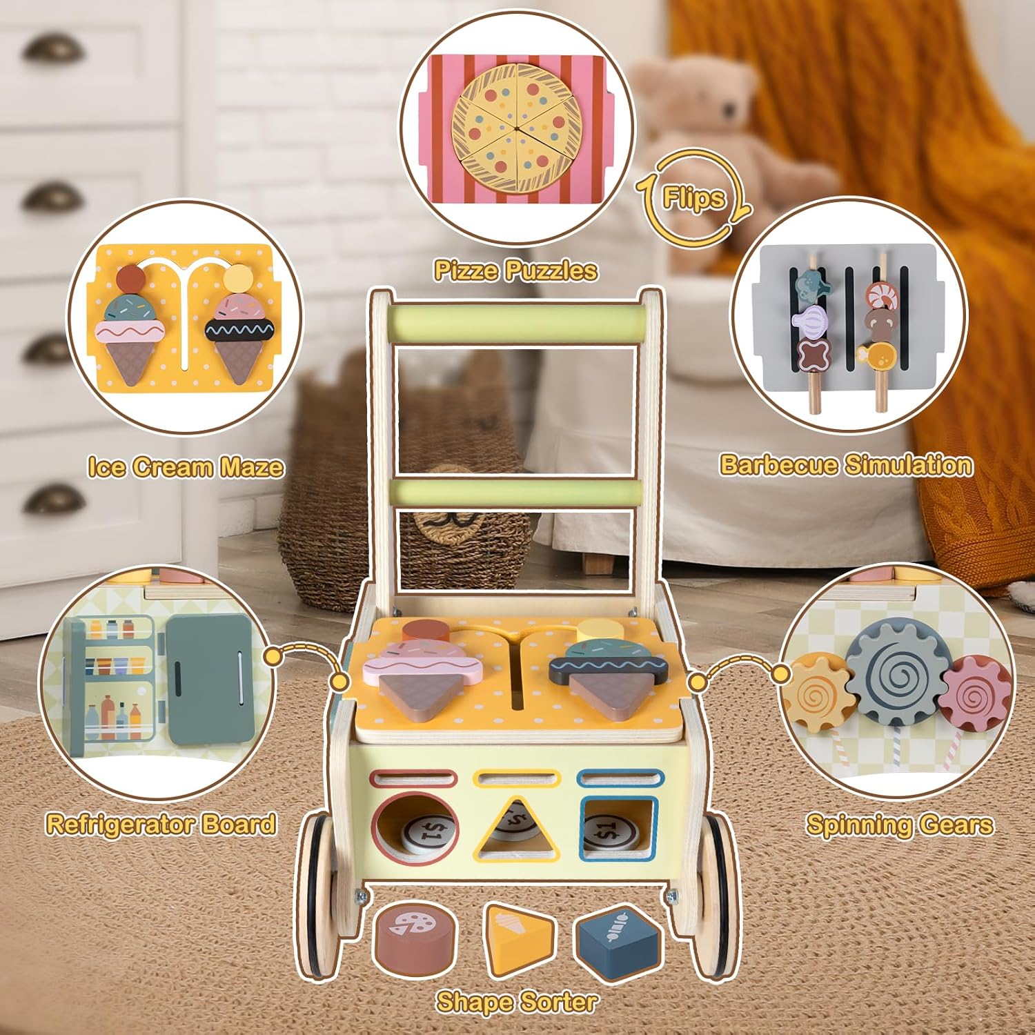 BAUTIA Baby Push Toys, Wooden Play Kitchen Food Cart, Montessori Acitivty Center Walker Toys for 1 2 Year Old Girl Boys Gifts