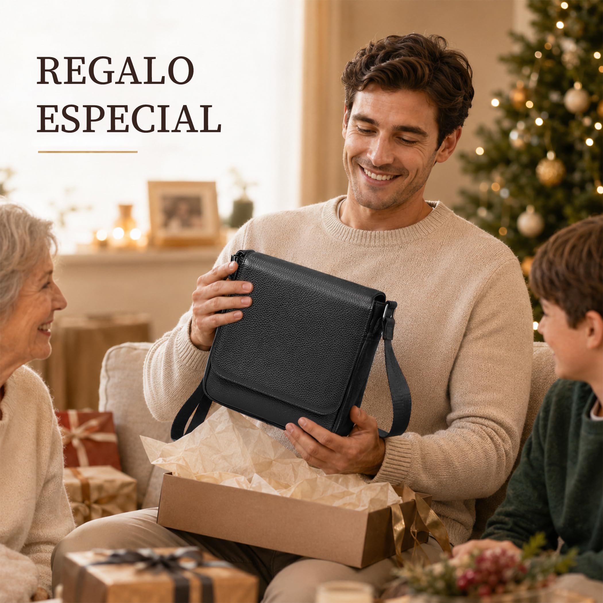 Eshow Bandoleras de Cuero Genuino con Bloqueo RFID para Hombre | Bolso Antirrobo para Trabajo Universidad Negocio Viajes y Desplazamientos Urbanos