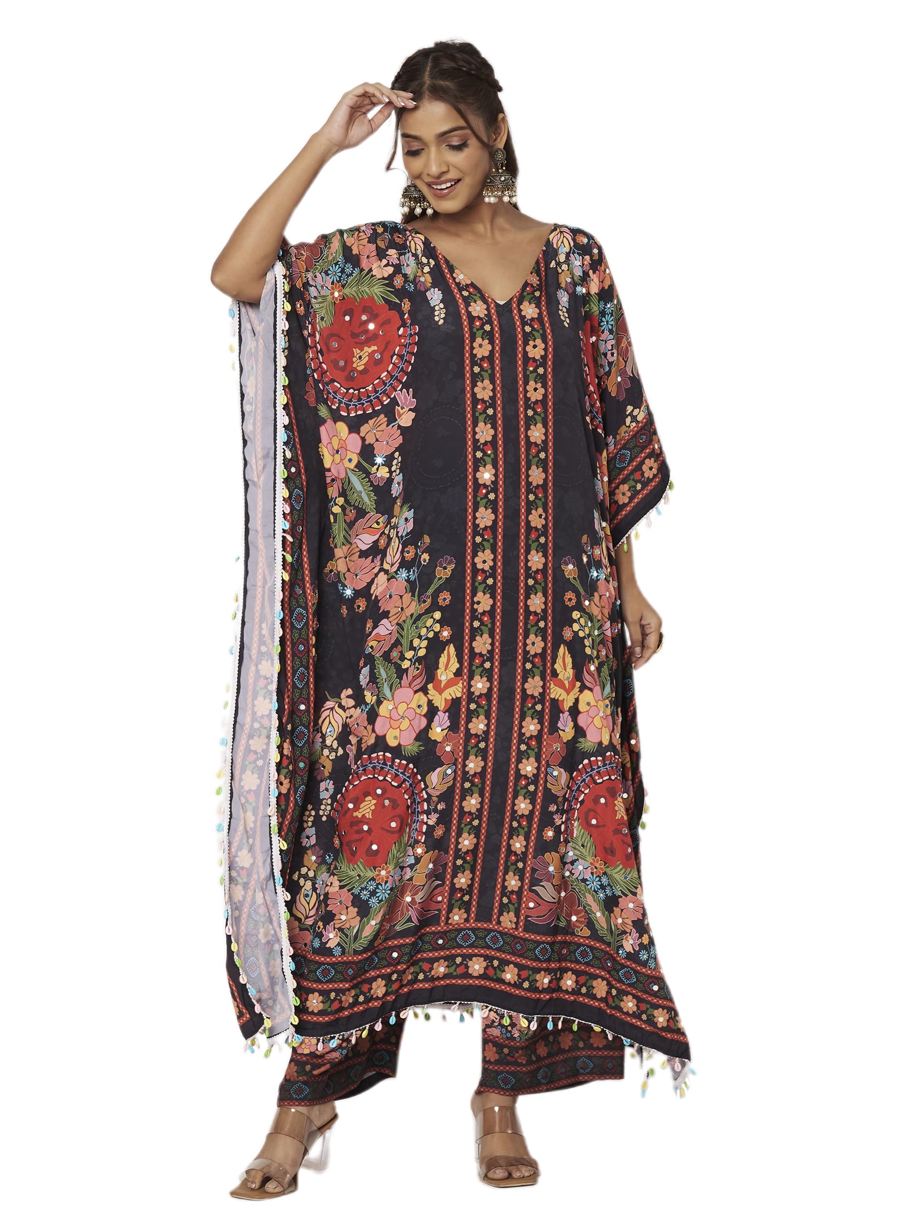 swi with label Women's Co-ord Set – Kaftan and Trousers With Mirror Work_S_Co-ord1_Black-picture-50