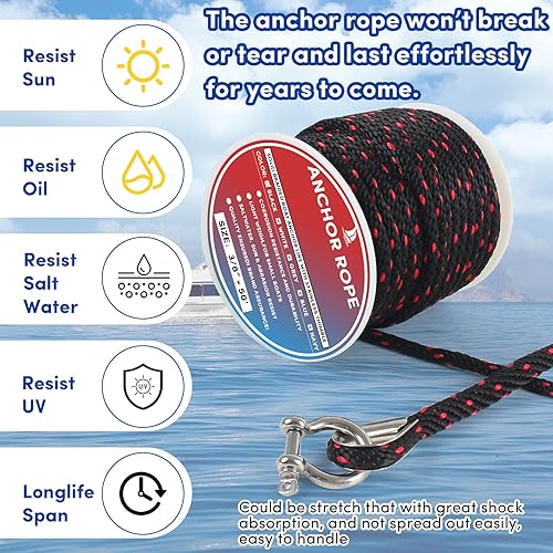Vista 12 de Cuerda de anclaje premium de 100 pies x 3/8 pulgadas, cuerda marina de línea de anclaje MFP trenzada sólida con dedal y grillete, color negro