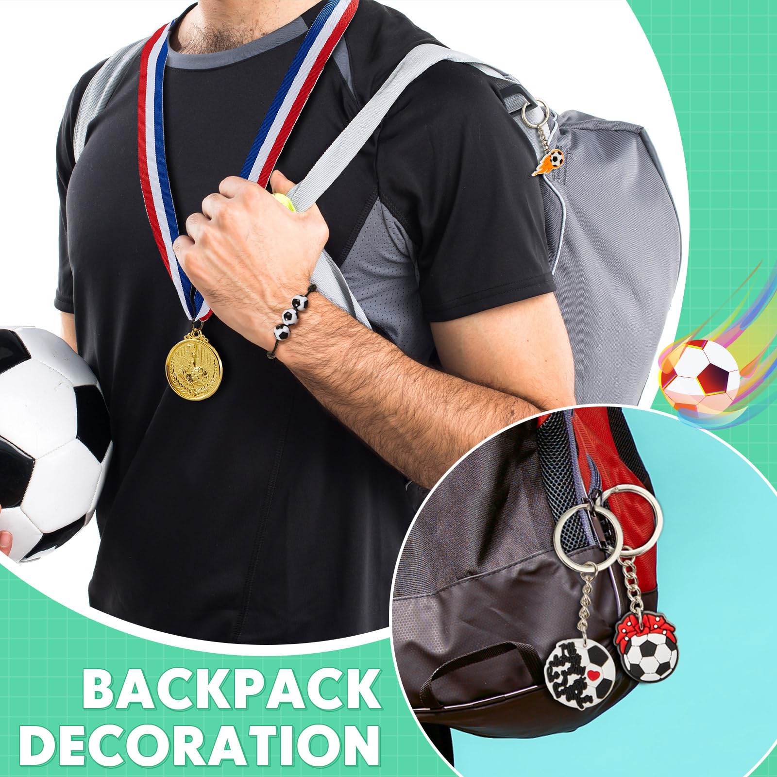 Juego de 36 piezas de premios deportivos de fútbol, medallas, pulseras de trofeos y llaveros para regalos de recompensa de equipo, premios de competencia, juegos de fútbol y recuerdos de 5