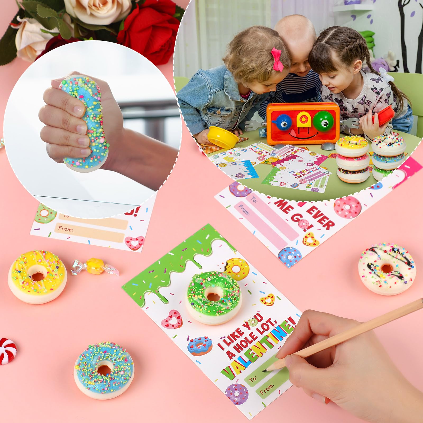 Gemscream 48 Sets Valentine's Day Donut Party Gifts Include Donut Stress Balls and Valentine's Day Greeting Cards for Kids Valentines School Classroom Exchange Gifts