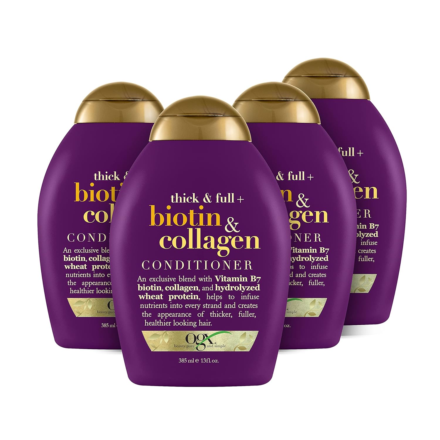 OGX Thick & Full + Biotin & Collagen Volumizing Conditioner for Thin Hair, with Vitamin B7 & Hydrolyzed Wheat Protein, Paraben-Free, Sulfate-Free Surfactants, 13 Ounce (Pack of 4)