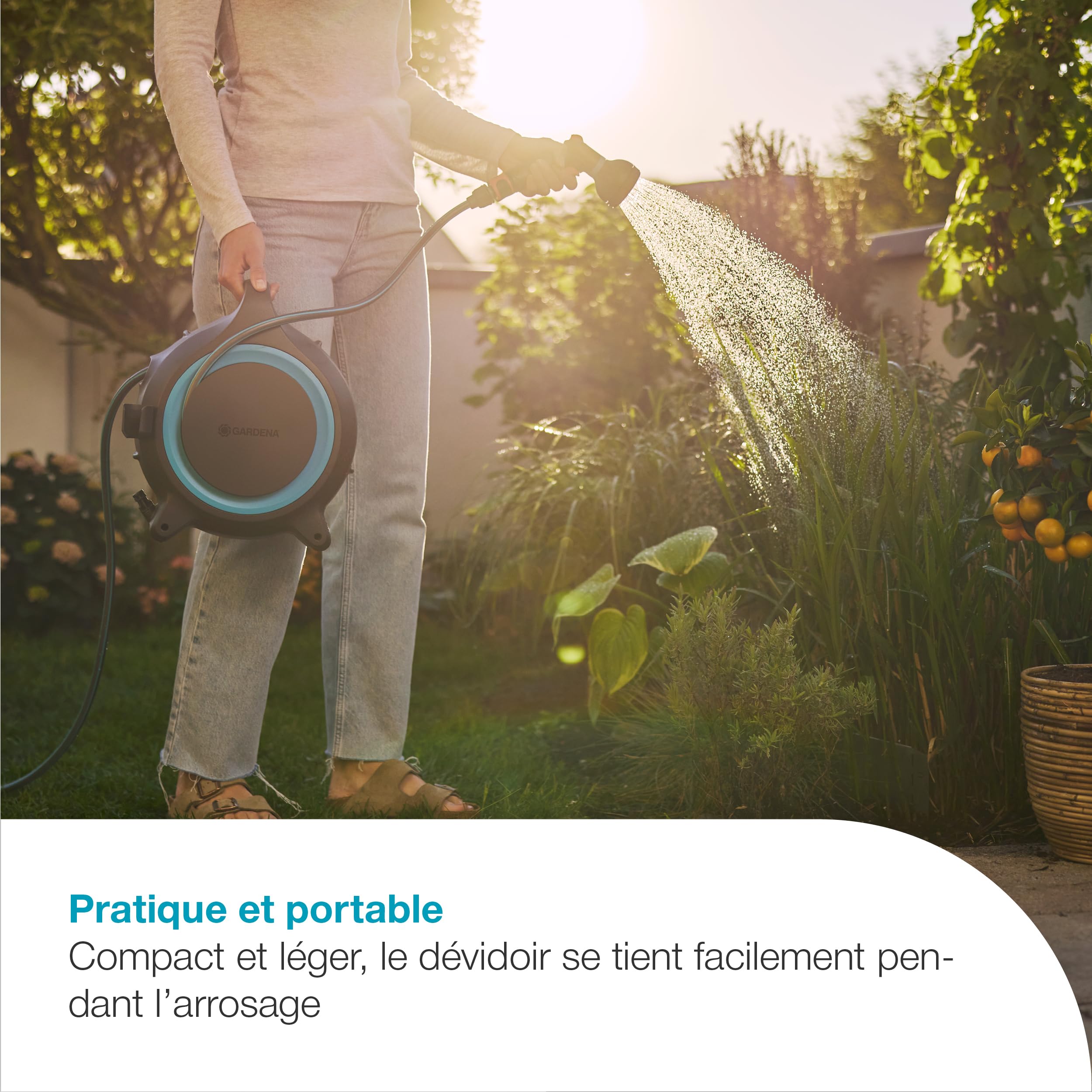 GARDENA Dévidoir portable MoveMatic Stockage de tuyau: Propre et portable, Tuyau d’arrosage rétractable, Rangement peu encombrant, Conçu pour les tâches d’arrosage rapprochées (18690-20)