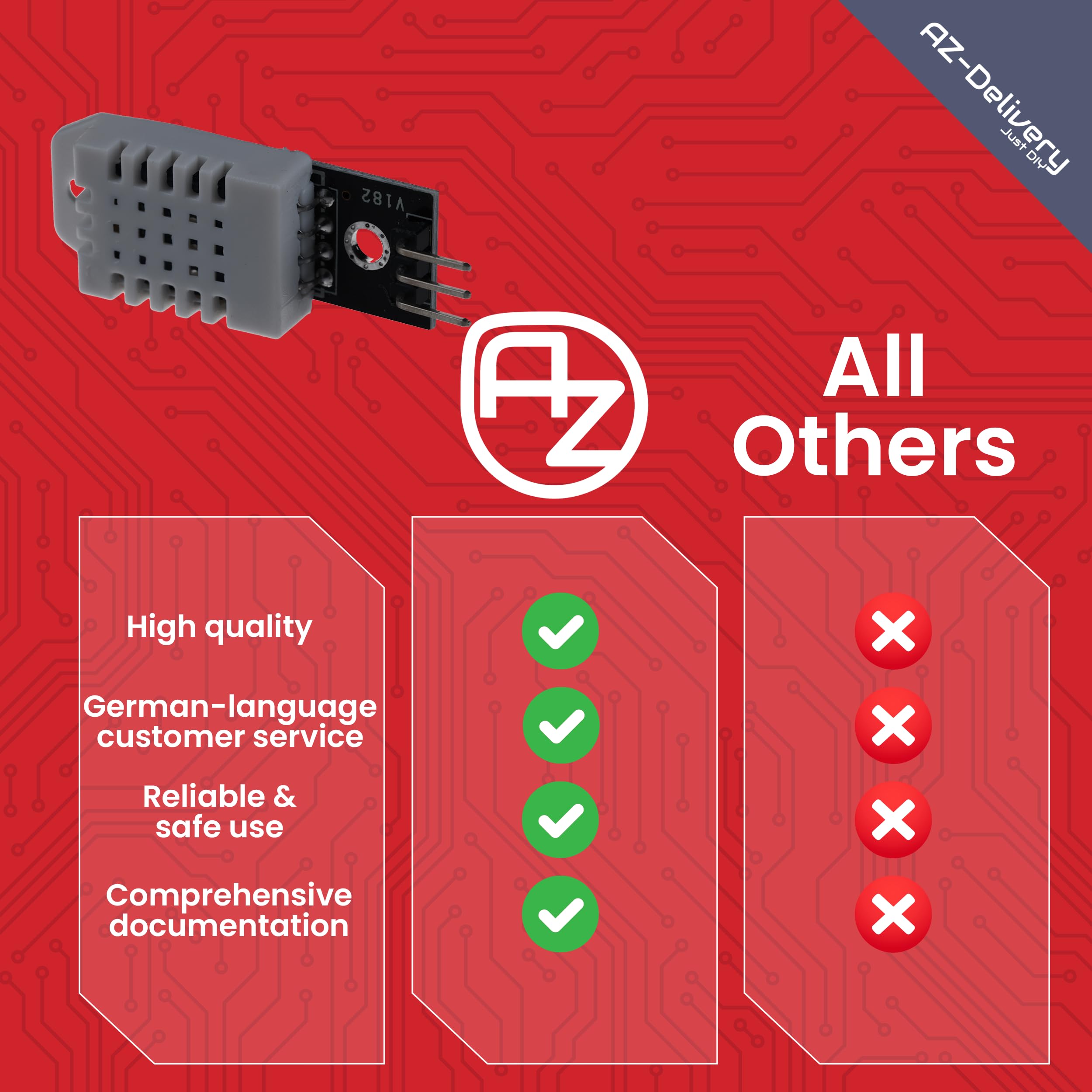 AZDelivery 3 x DHT22 moduł czujnika temperatury i wilgotności powietrza z wyjściem cyfrowym – kompatybilny z Arduino, Raspberry Pi, ESP32, precyzyjny czujnik wilgotności 0–99%, -40–125°C