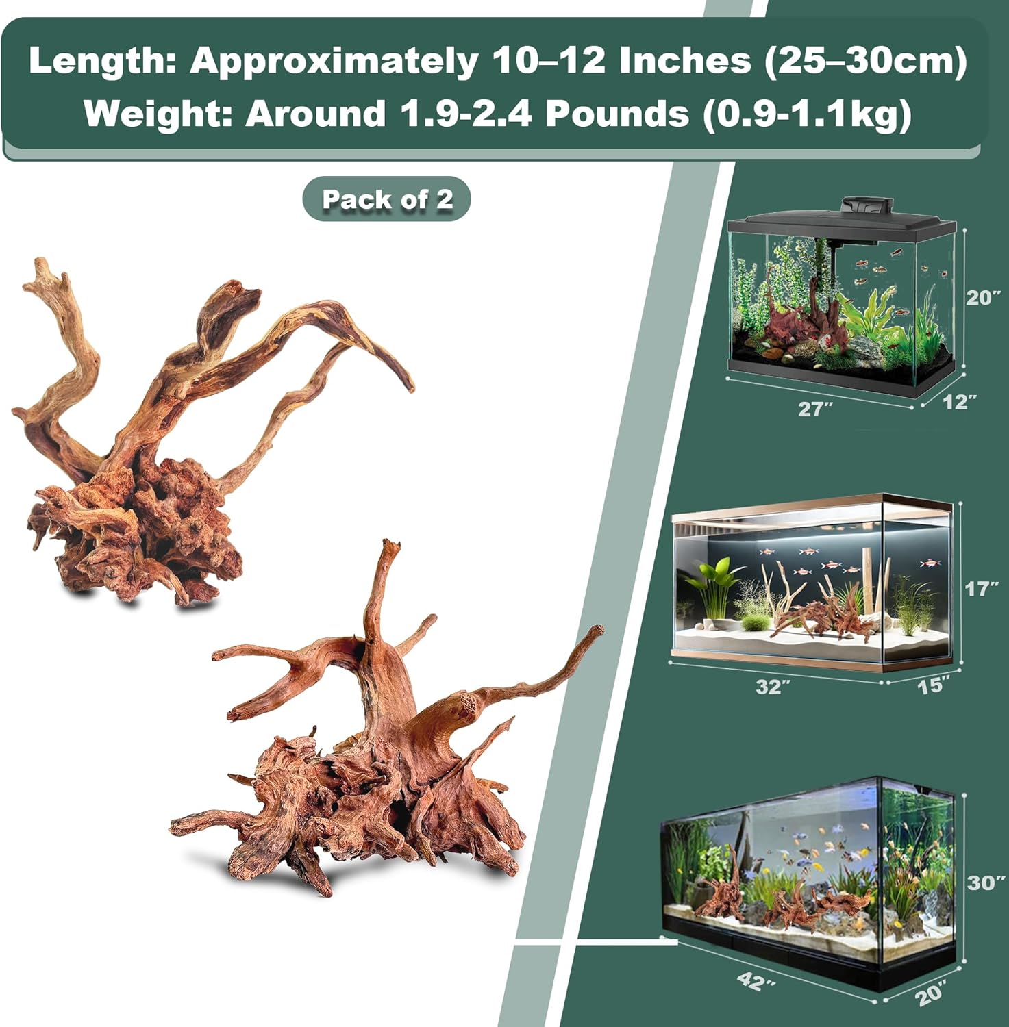 Natural Wood Driftwood for Aquarium Fish Tank Decor,Assorted Driftwood Trunk Branch for Reptile Tank Decor (LLM-Driftwood (10 to 12 Inch)-Pack of 2)