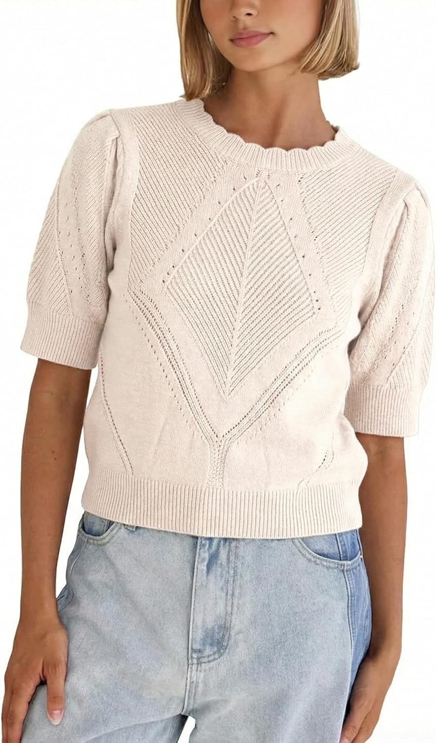 SCUSTY Women's Short Sleeve Knit Sweater Puff Sleeve Crew Neck Cropped Lightweight Knit Pullover Top Tee