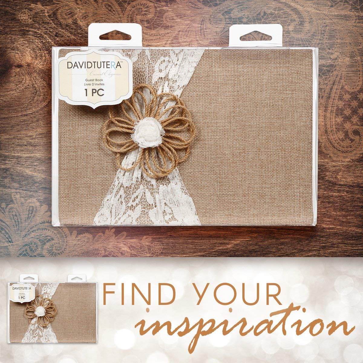 Darice David Tutera Burlap and Lace Guest Book – Natural Burlap Embellished with Cream Lace and Jute Flower – Gilded Pages – Adds Rustic Charm to Wedding or Event – Cream Interior Pages, 9” x 6-1/2”