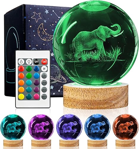 Luz nocturna de bola de cristal de elefante 3D con base de madera de 16 colores, lámpara de bola de cristal de elefante mejorada de 3.15 pulgadas Luz nocturna de bola de cristal de elefante 3D con base de madera de 16 colores, lámpara de bola de cristal de elefante mejorada de 3.15 pulgadas