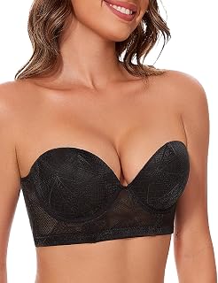 Longline Strapless Push Up Bras for Women Multiway Padded Uplift Corset Lace Bra Underwire Support