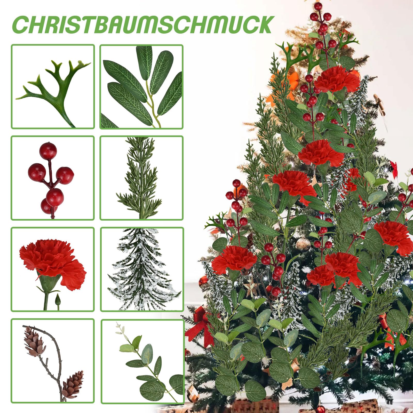 44 Stück Künstliche Blumenstrauß, Weihnachtsblumen Künstlich, Künstliche Pflanzen mit Beeren, Tannenzapfen, Rote Nelke, Künstlich Weihnachtsstrauß für Adventskränze Girlanden, Weihnachtszweige Deko
