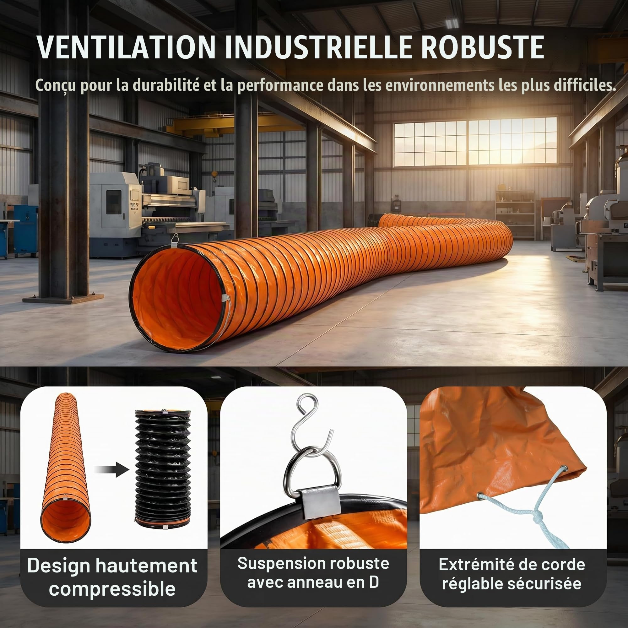 bimiti Tuyau d'air chaud en PVC - Flexible - Diamètre : 300 mm - Longueur : 5 m - Avec anneau en D et crochets - Pour ventilateur de chantier