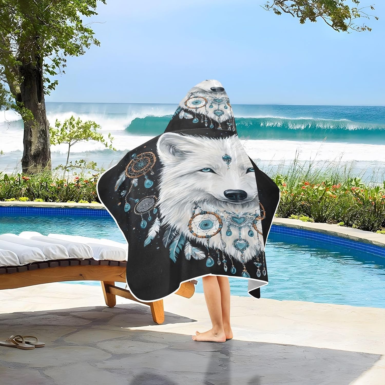 Heart Boho Feathers Wolf Kids Bath Towels Hooded Poncho, 50x23.5in Quick Dry Beach Towels for Boys Girls Toddlers, Soft Absorbent Baby Bath & Hooded Towels Cape for Swimming Bathroom