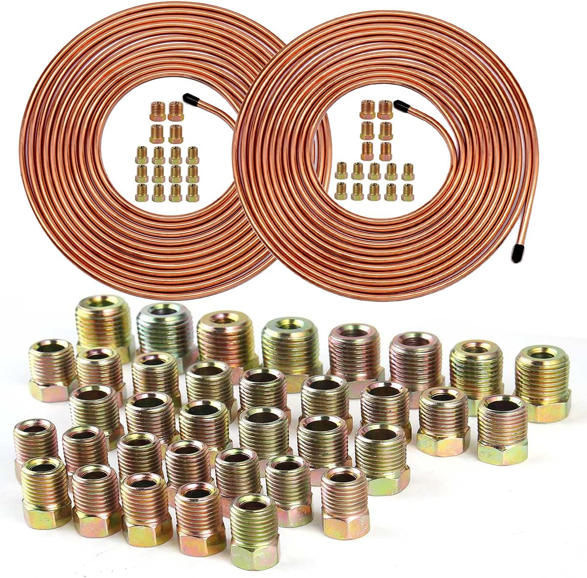 Set of 1/4" + 3/16" Brake Line Tubing Kit - Muhize 25 Ft. of 1/4 & 3/16Flexible Brake Line Tube Roll 25 ft (Includes 64 Inverted Flare Fittings)