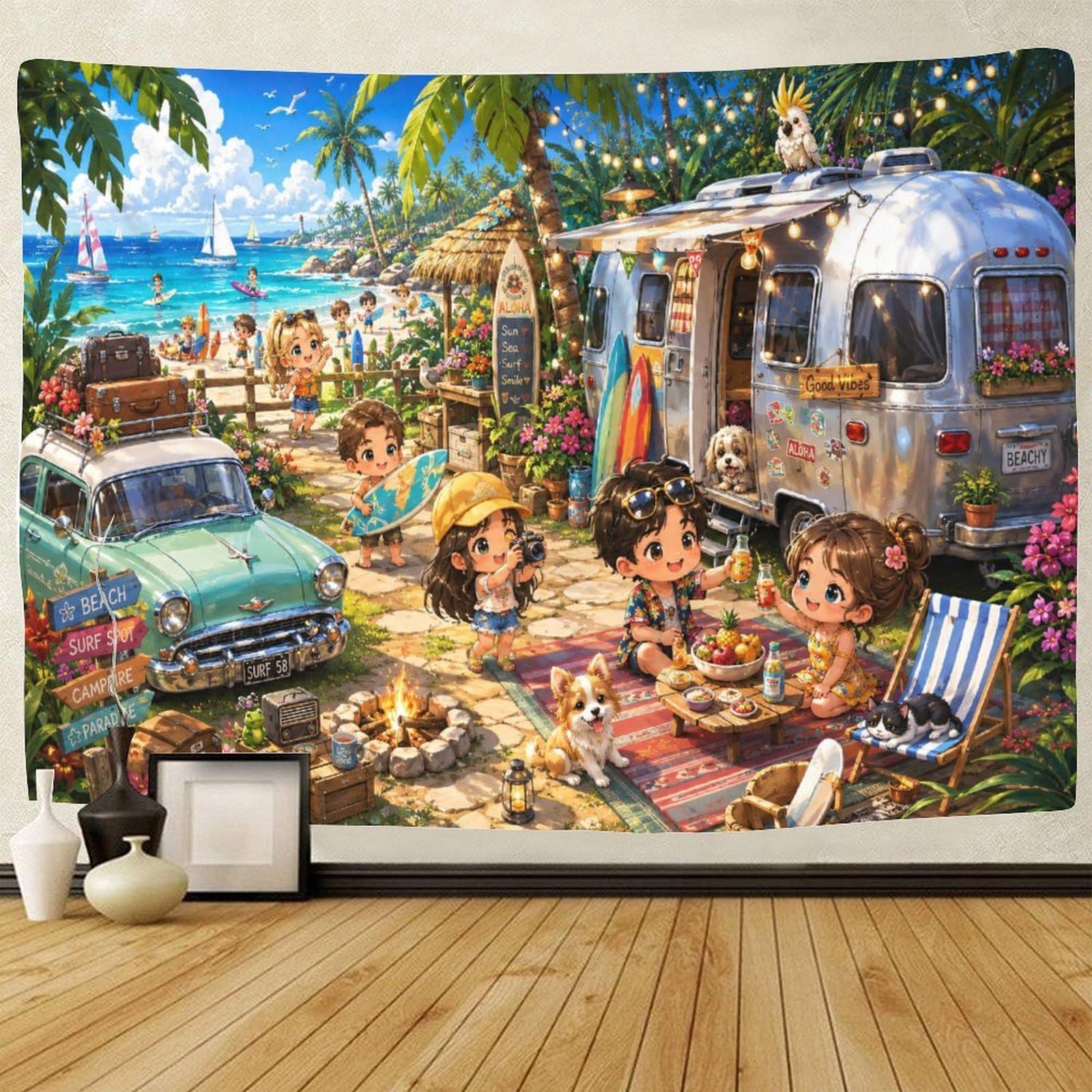 GPMNBCXZK Chibi Hawaii Beach Vacation Wall Art Decor 3D Print Wall Tapestry Tapestries Home Decoration Curtain Bedroom Dorm 100cmx150cm