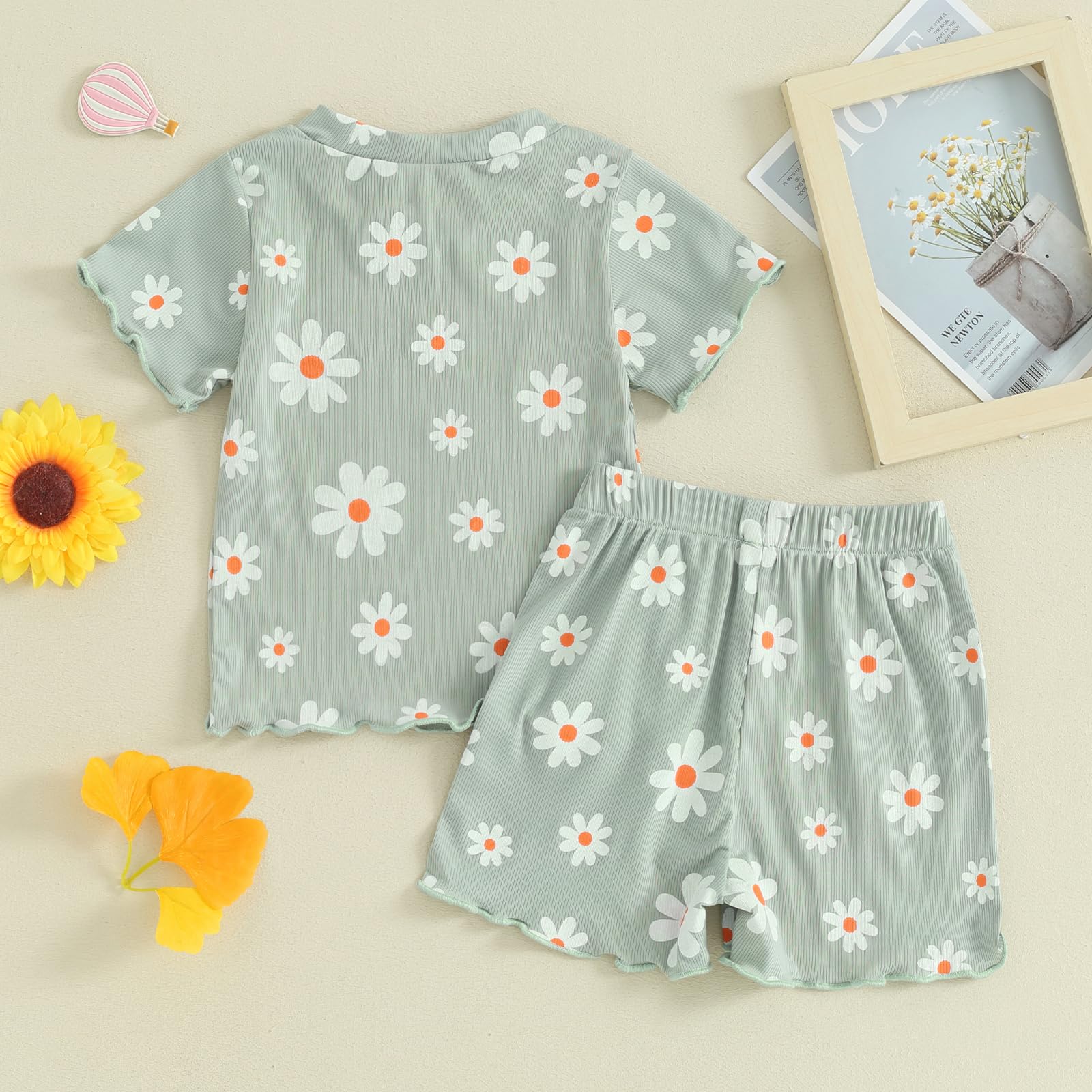 0-3T Toddler Baby Girl Summer Clothes Short Sleeve Floral Tshirt Tops and Shorts Set Oversized Outfit Boho Clothes (Green, 12-18 Months)