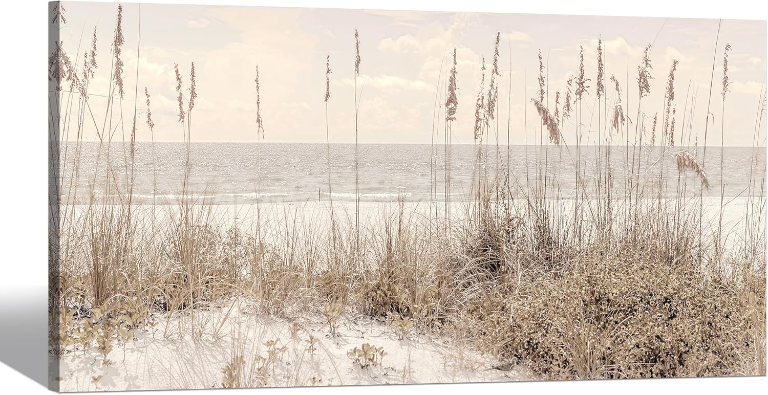 sd soft dance beach wall art canvas decor: coastal scene ocean picture sea seascape artwork seaside seashore grass painting print for bedroom living room office 40 x 20 inch beach 02 40l" x 20w"