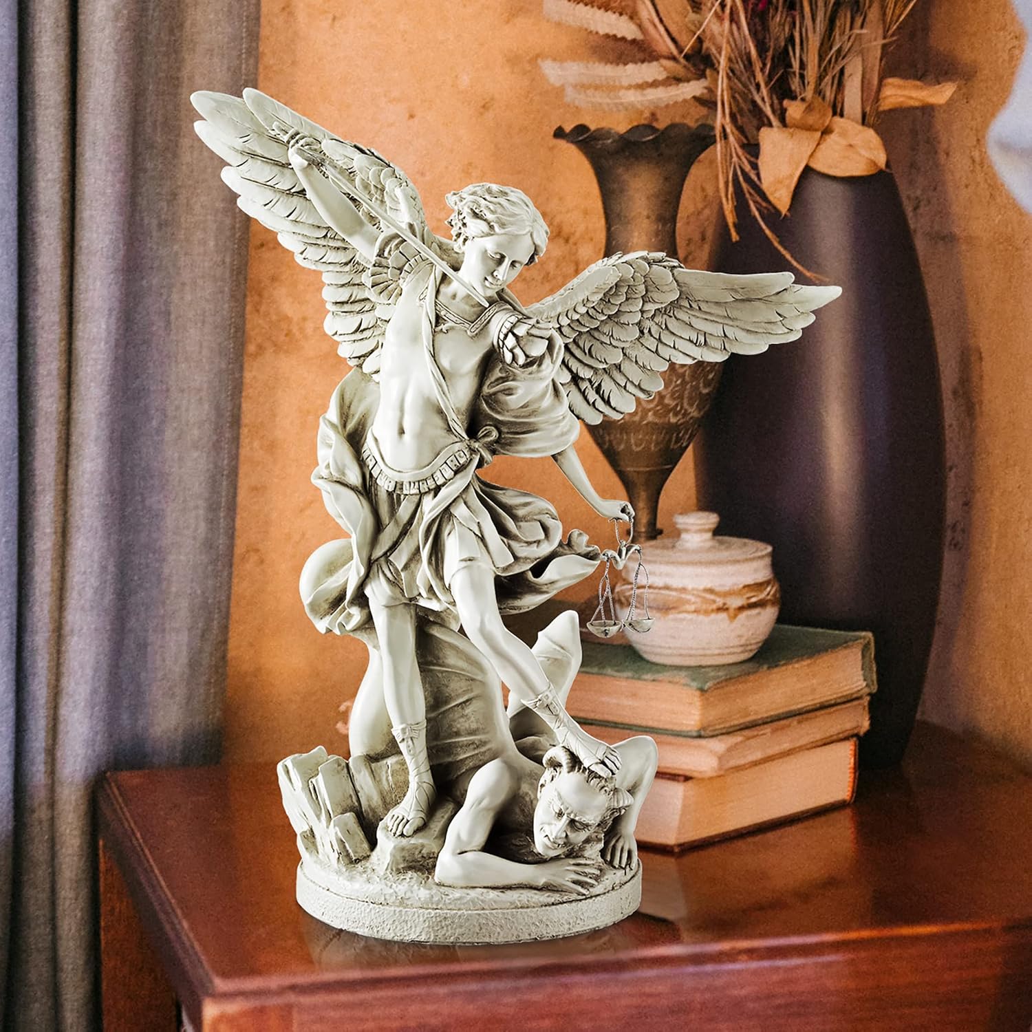 Design Toscano Michael the Archangel Religious Garden Decor Statue, 14 inches wide, 17 inches tall, Cast Stone Resin, Antique Stone Finish